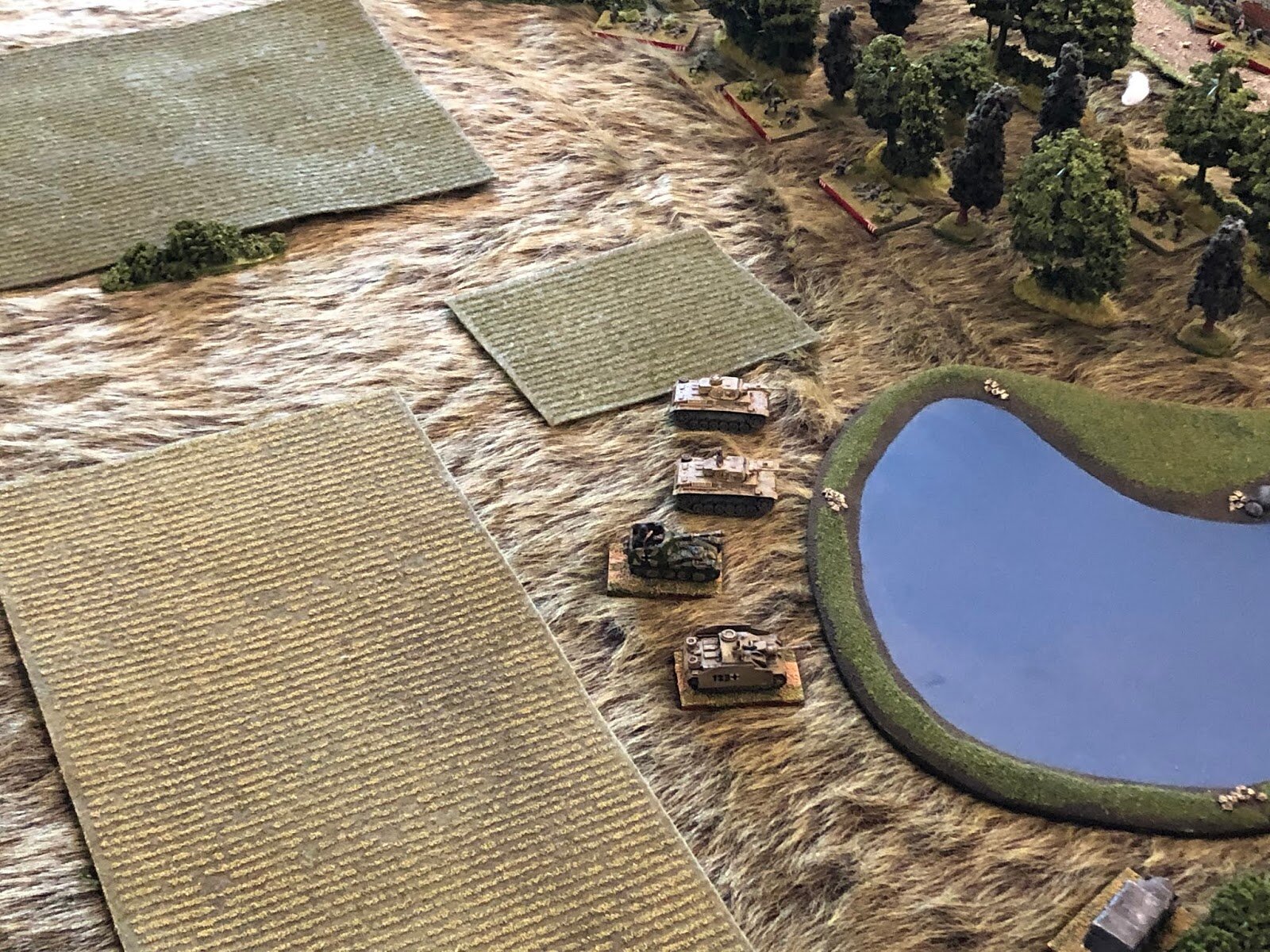  But probably not where you expected: the two Panzer IIIs, the Stug, and the Marder move right, up to the lip of the pond (being careful to avoid bogging in soft ground nearby) and take up firing positions. 