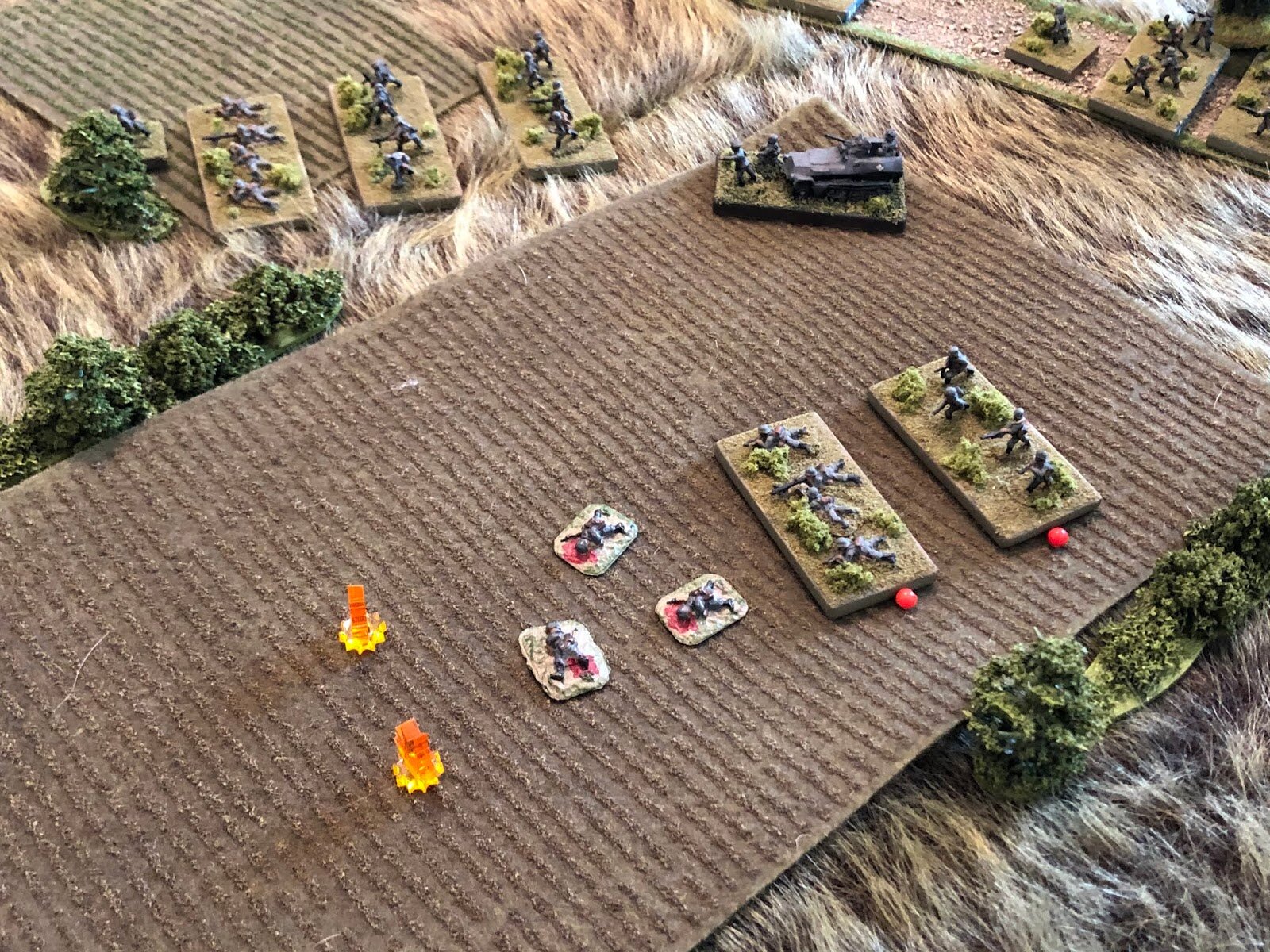 The 76.2mm Field Gun, the 50mm light mortar, and the Maxim MG pound the German landser mercilessly, killing the platoon commander, knocking out 1st Squad, and suppressing the other two...