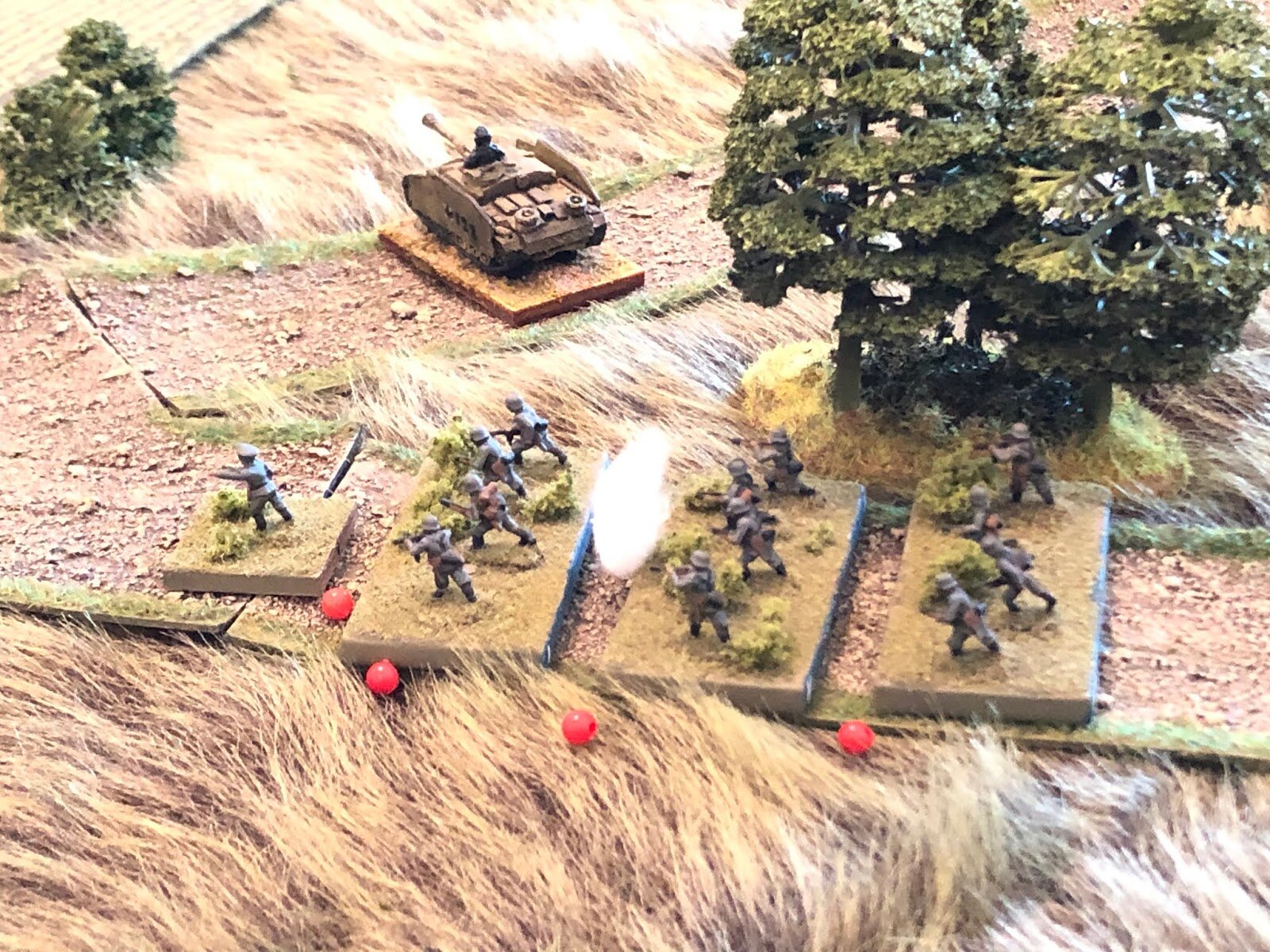 The 82mm round hits dead in the middle of the German 1st Platoon, 1st Company, suppressing the whole damn mess!