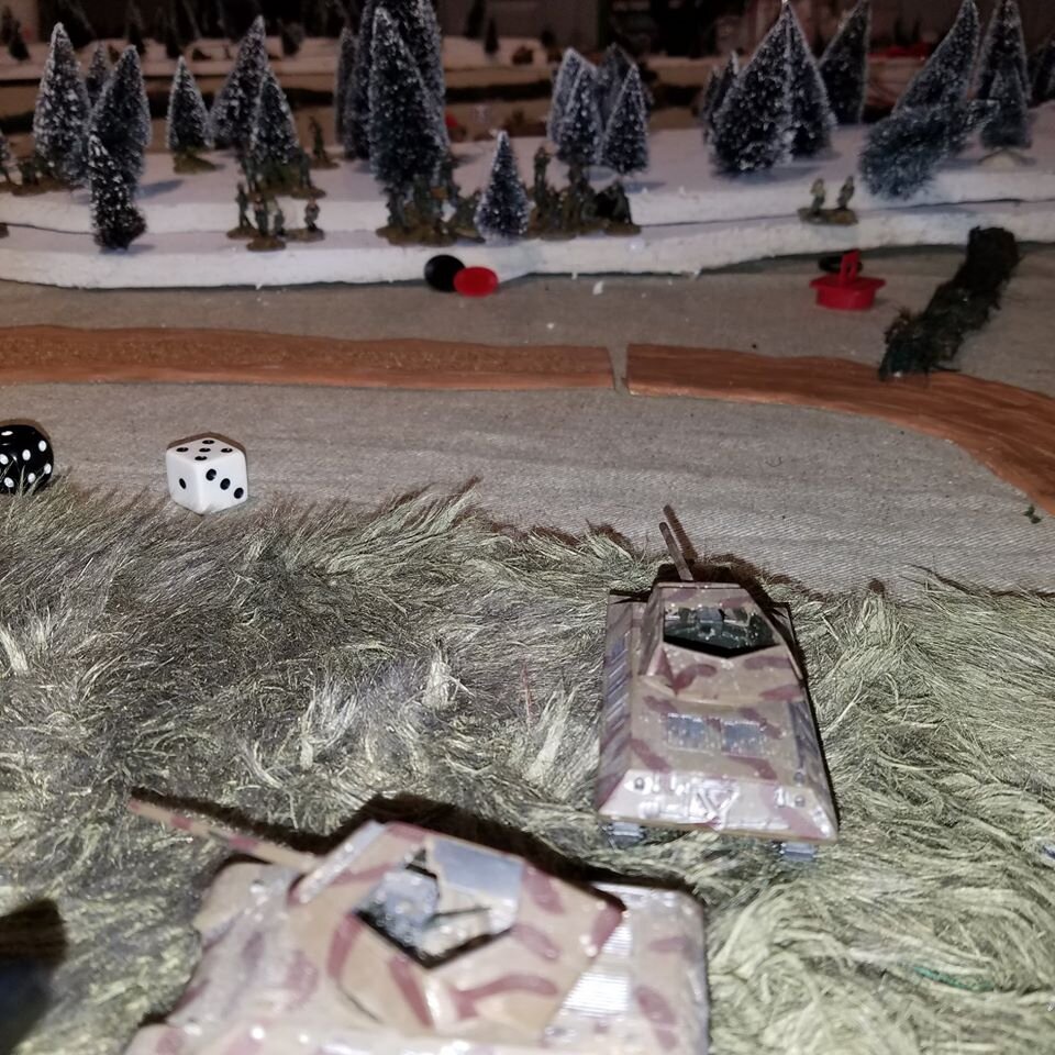 One M-10 takes on the Panzerschreck crews while another faces off against the StuGs.