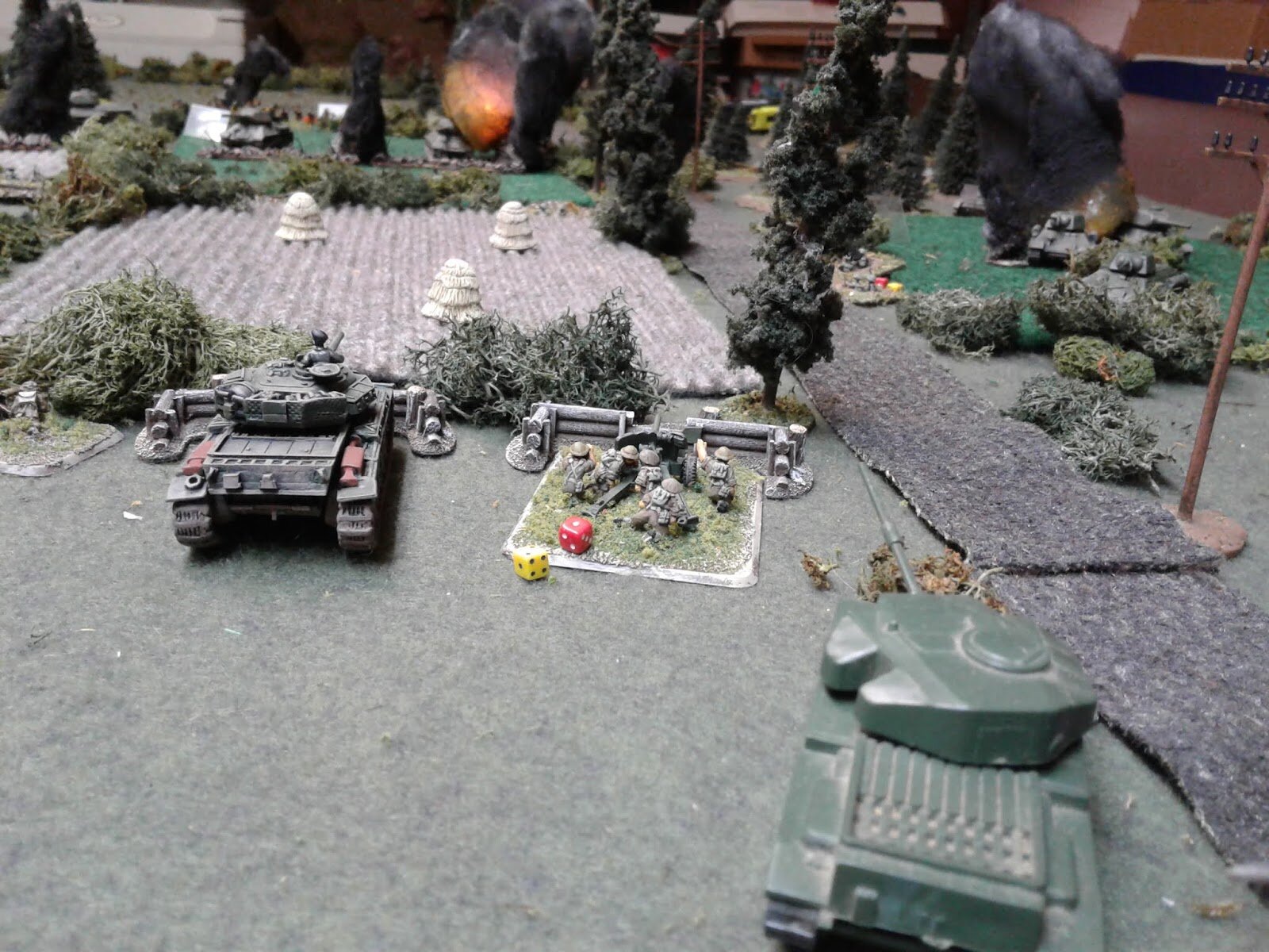 Long range gunnery duel finally gets results. Bordurian 2nd tank platoon is destroyed, one T34 exploding dramatically.