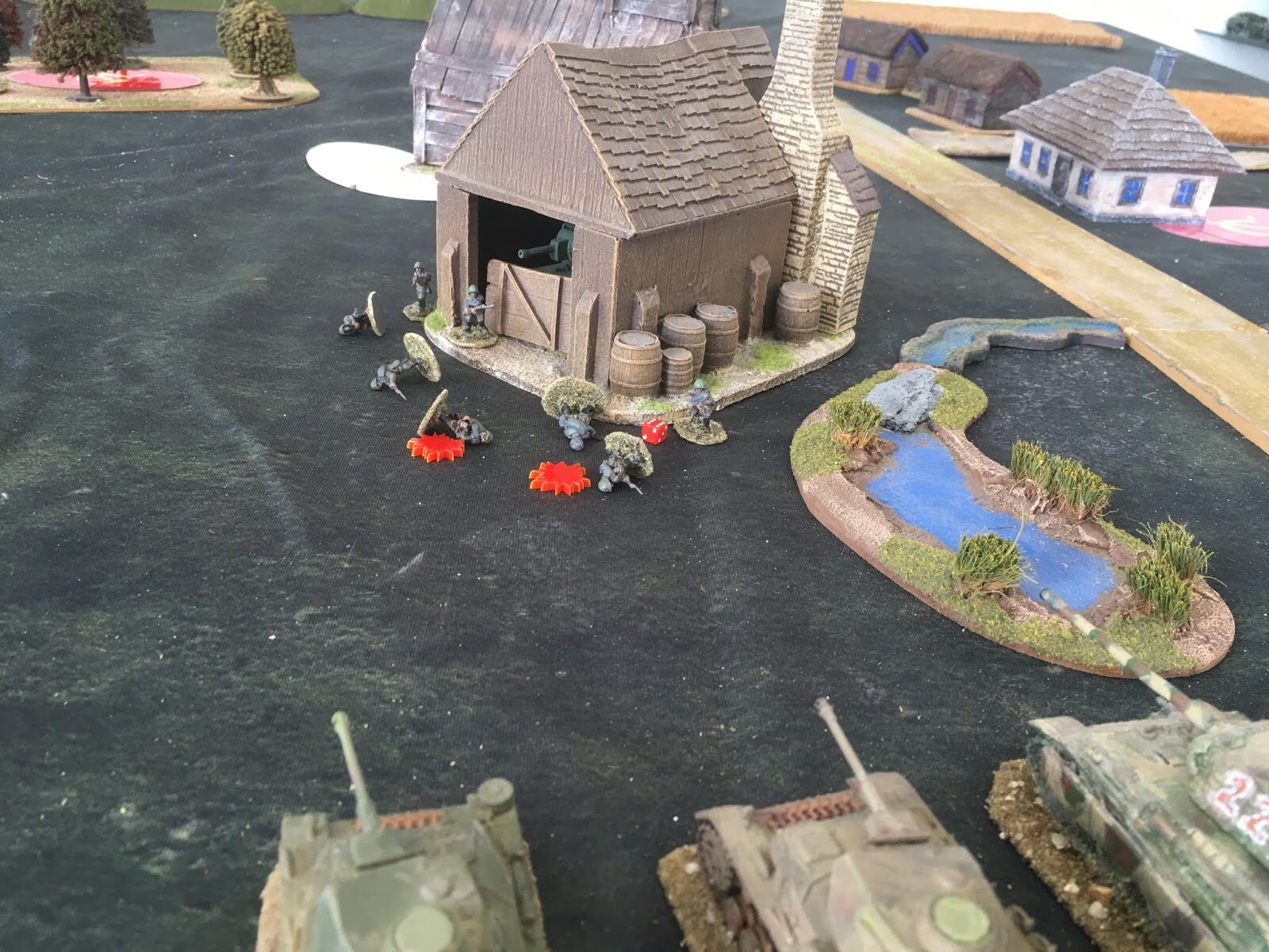 Foolishly, Soviet infantry emerged from the barn and got machine gunned by the massed German tanks