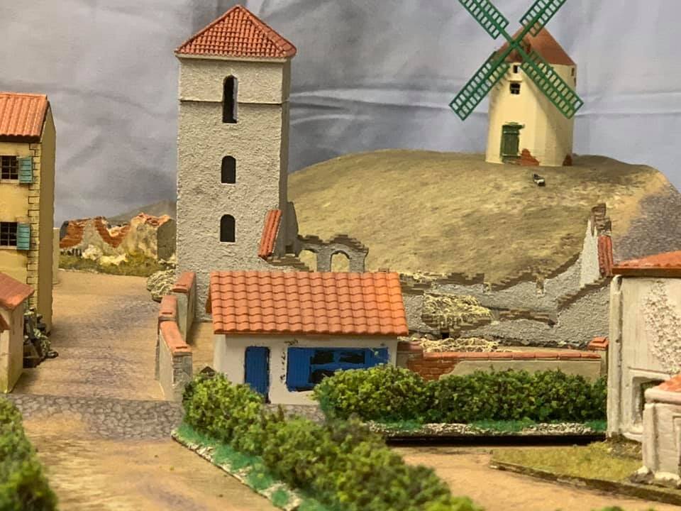  Windmill:  Najewitz 3D model, printed by Tom Grenfell. Ruin/medical post to left of Battlefront church, and church walls:  tabletop-arts.de resin 