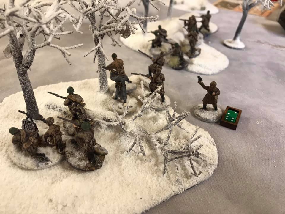 Soviet section is spotted and deploys in the drifts in the copse of silver birches.