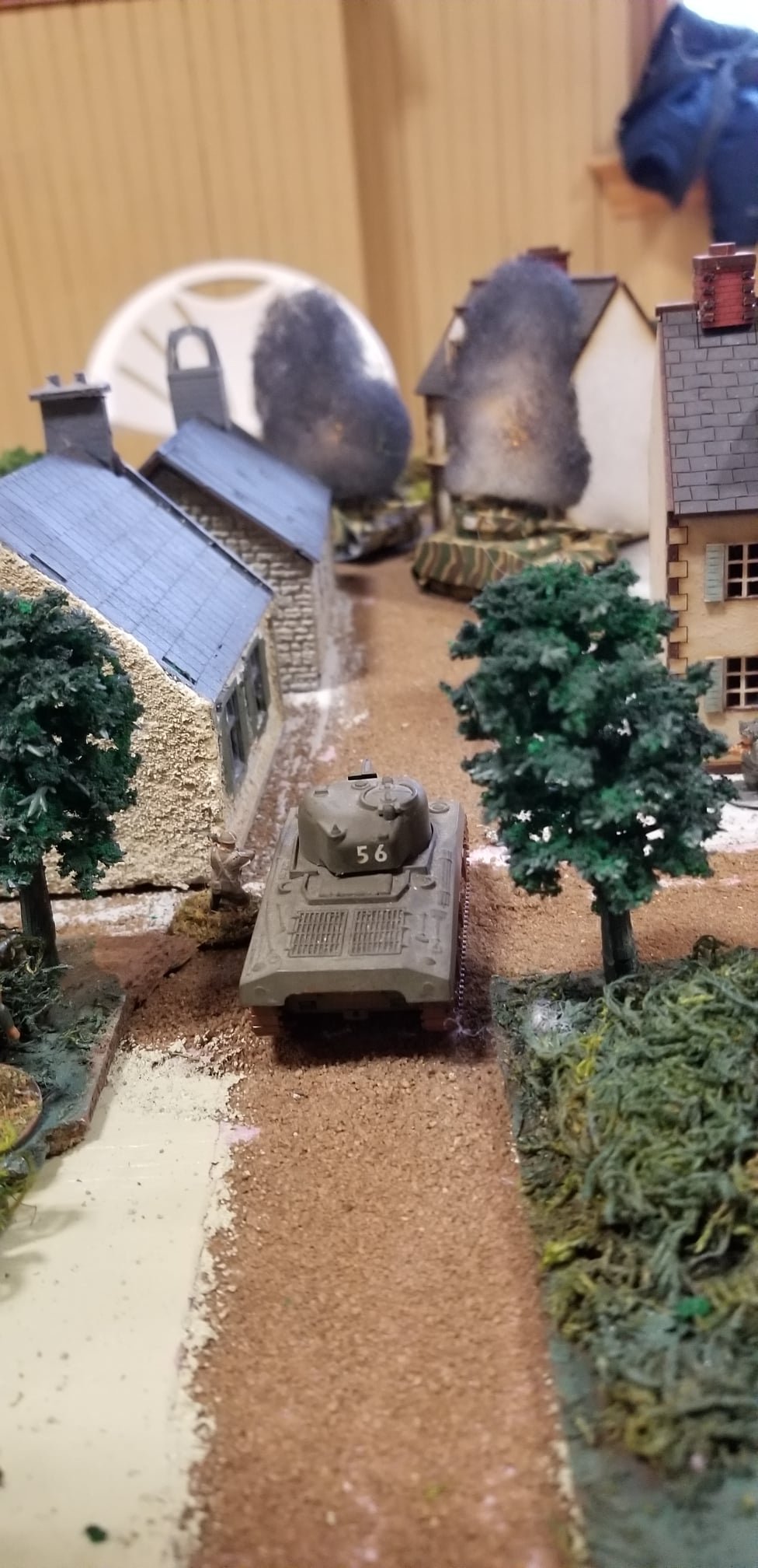A Sherman emerges from the woods and takes out the Stug III.