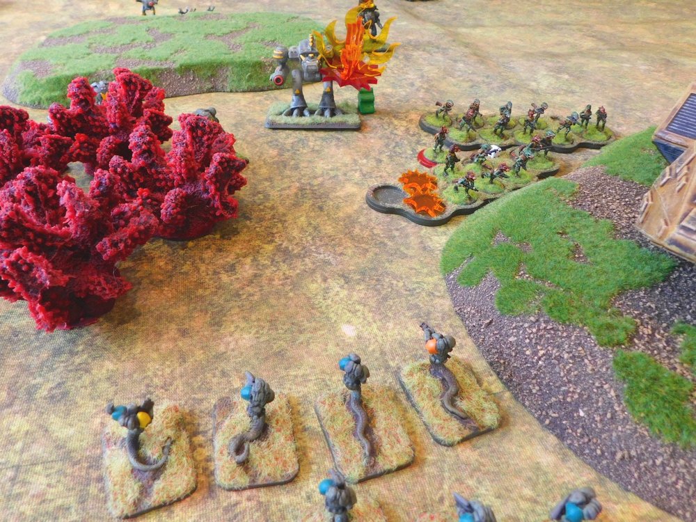 Astagar infantry arrive and de-bus. Flamer strike on a Hunter Marrock sets it on fire!