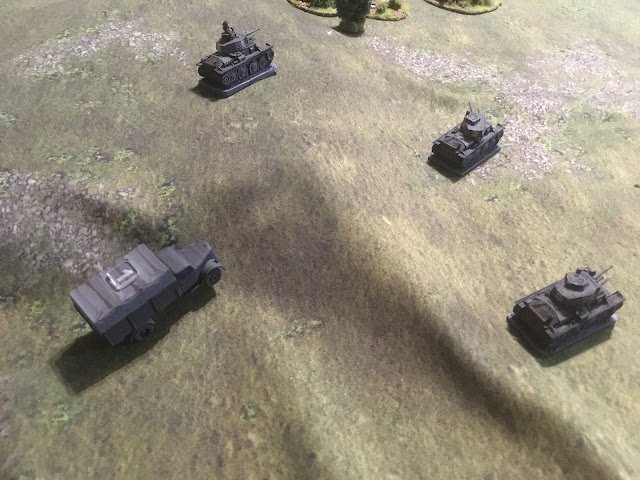 With the recce elements engaged, the main German force moved up, a platoon of Panzer 38(t)'s and three platoons of lorry mounted infantry.