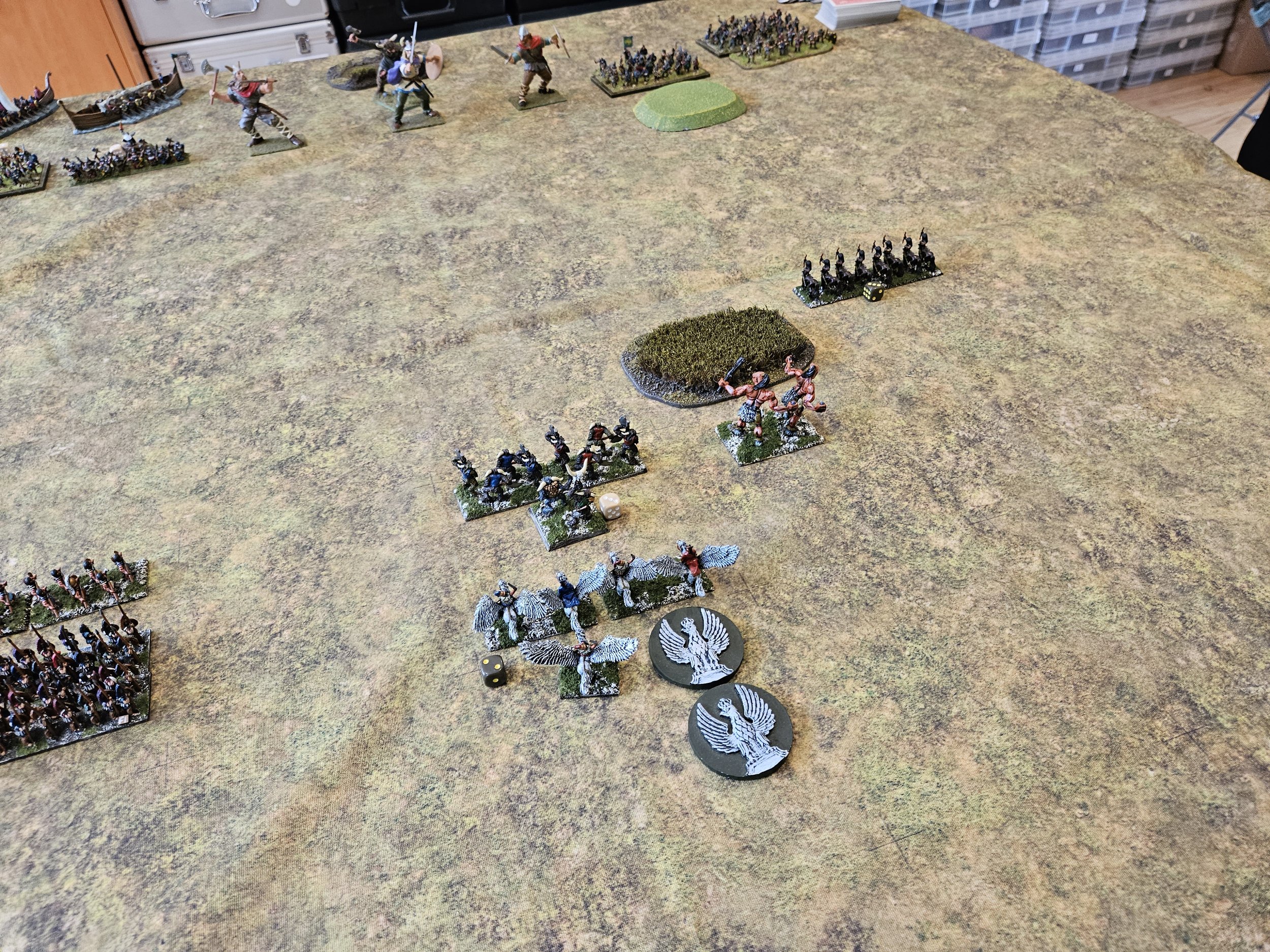  Here are the Pegasus Cavalry: the two eagle markers showing that they are currently “up there”: flying so high that they cannot affect or be affected by events on the tabletop. 