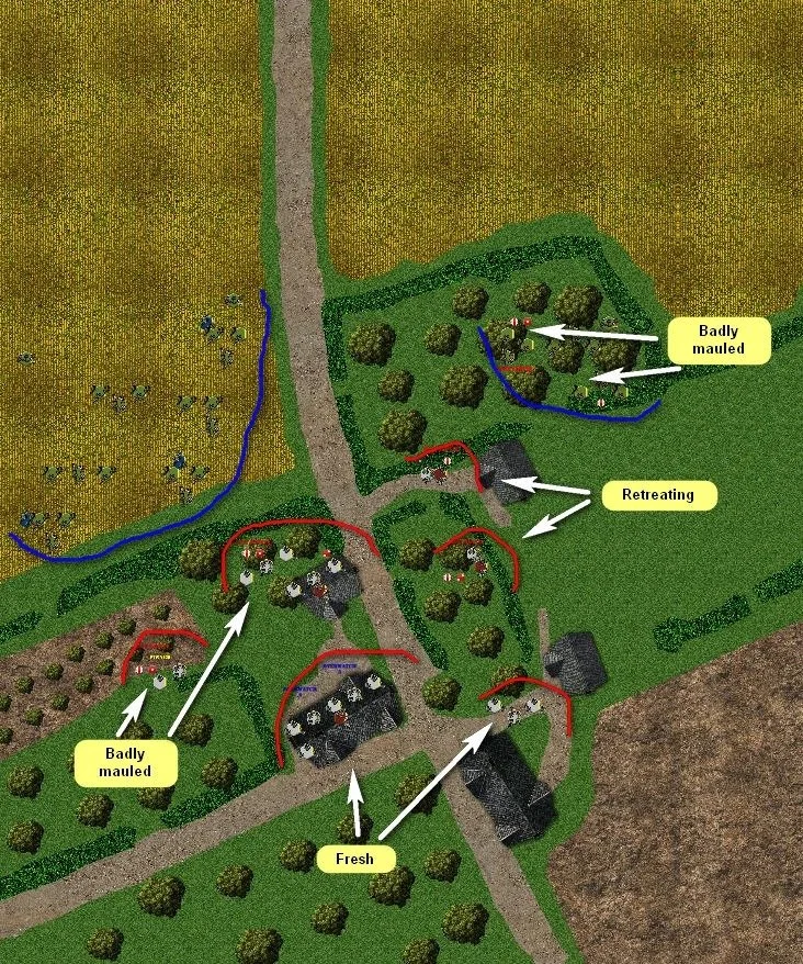 The situation at the end of Turn 9: as you can see, the British are pushing the Germans in from every side now.