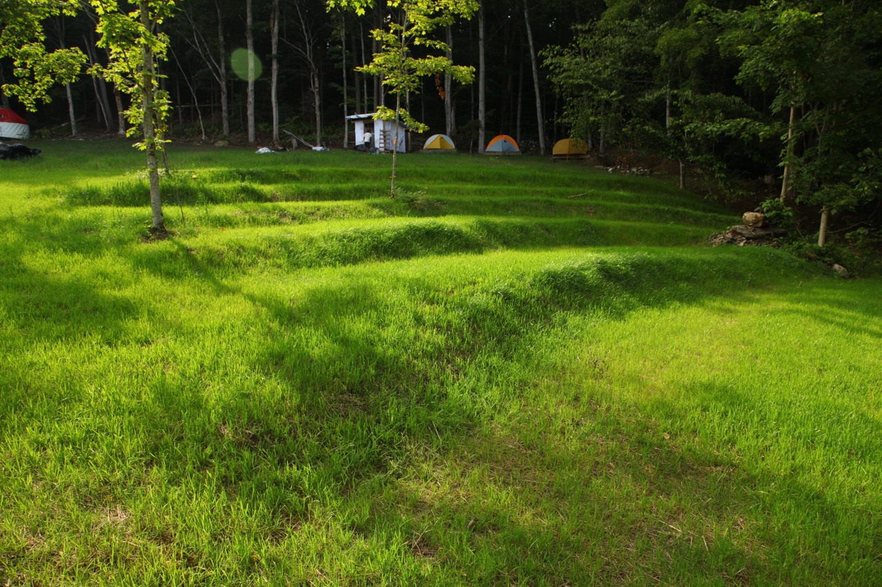 The Field is in the lower right corner of the land, and is home to the studio, stage, kitchen, garden, and amphitheater (pictured).