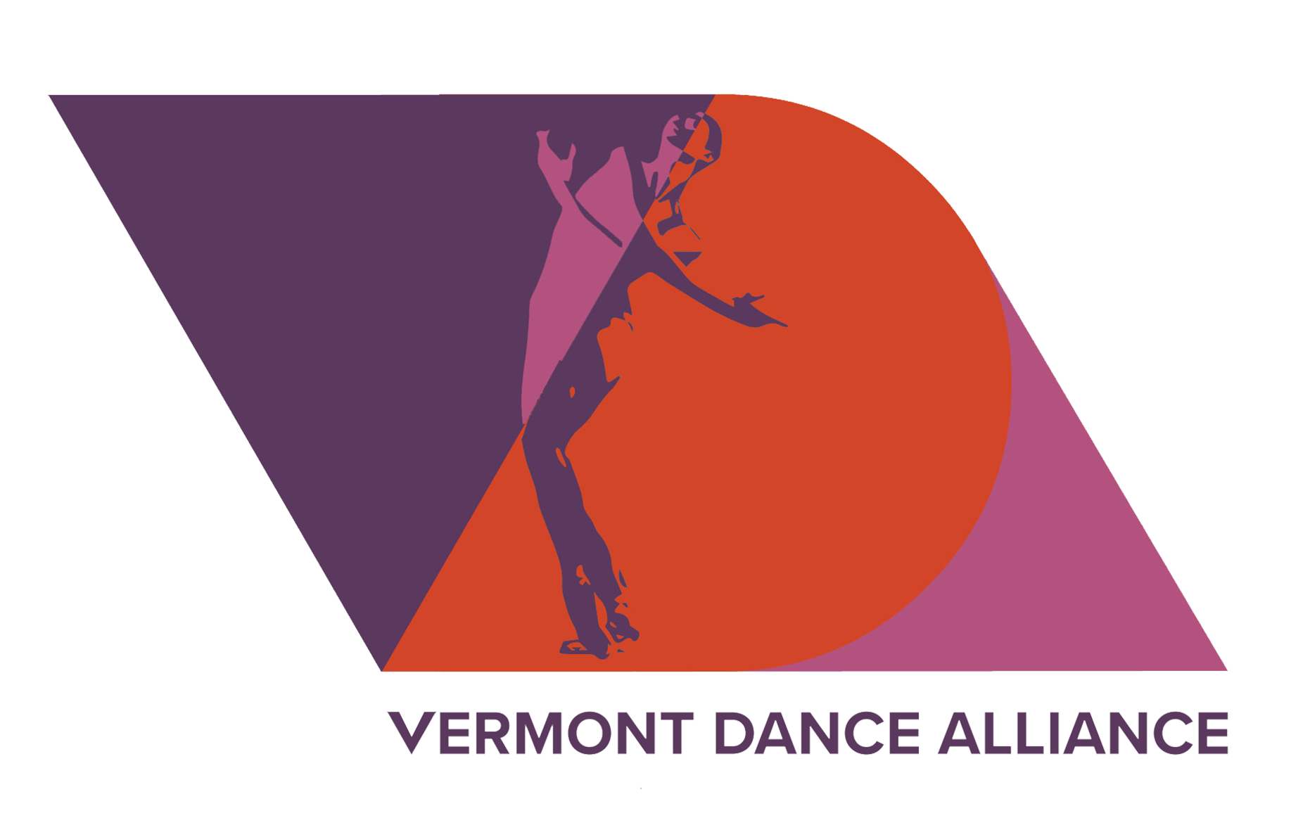 Vermont Dance Alliance logo - the silhouette of a dancer on a purple, orange, and pink color blocked parallelogram.