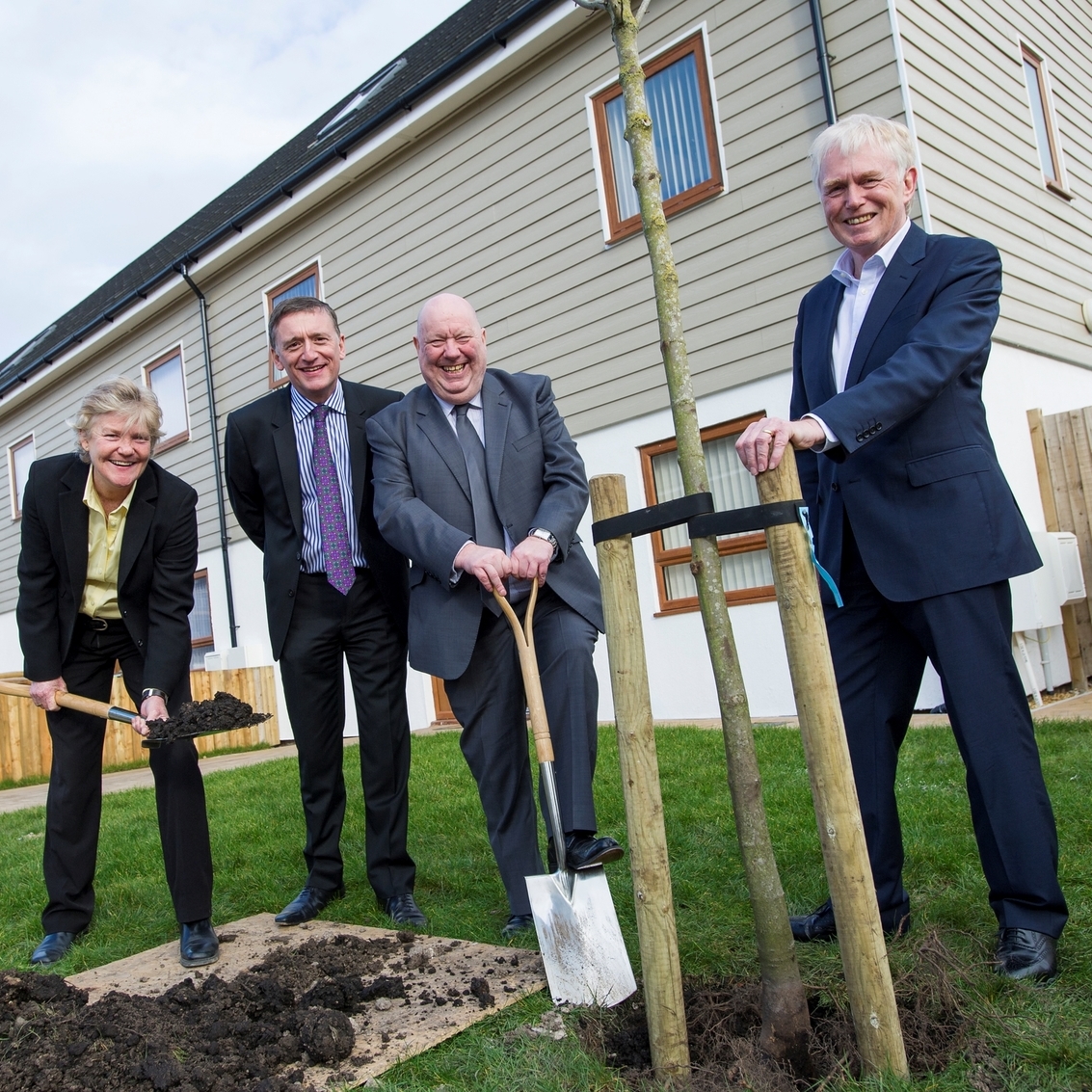  Planting one of the trees donated by the Mersey Forest, l-r, Liza Parry, chief executive of HPBC, Ian McDermott, Sanctuary’s chief operating officer, Mayor Joe Anderson and Jim Gill, trustee, HPBC. 