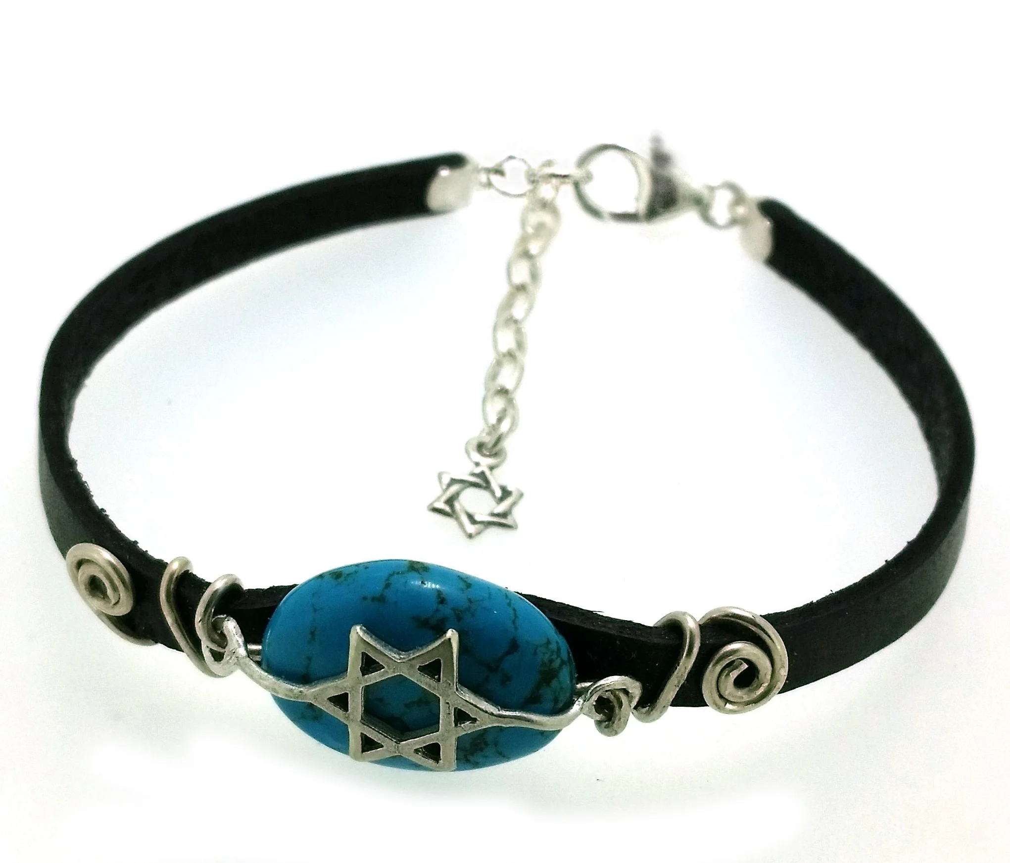 The Star of David Turquoise Stone, Sterling Silver, and Natural Leather hand made bracelet for men