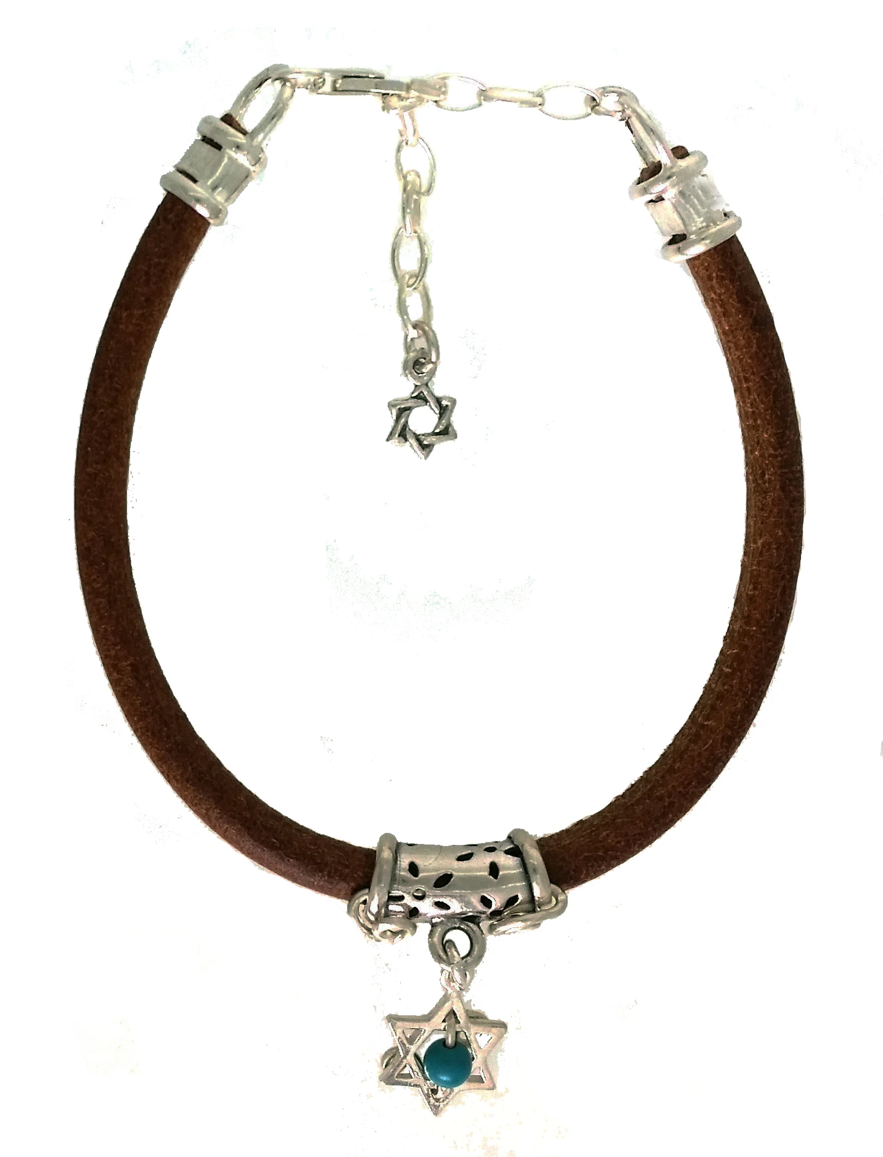 The Star of David Natural Leather, Sterling Silver, and Turquoise Stone hand made bracelet for ladies