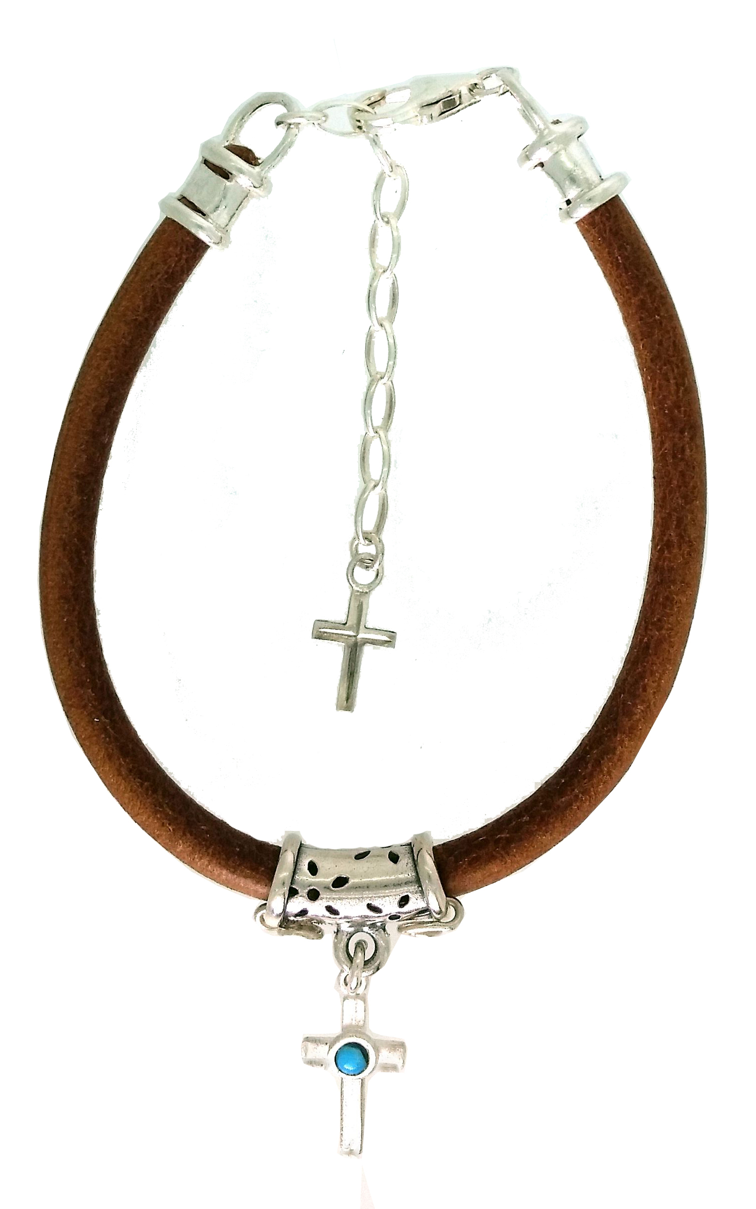 The Cross of Christ Natural Leather, Sterling Silver, and Turquoise Stone hand made bracelet for ladies