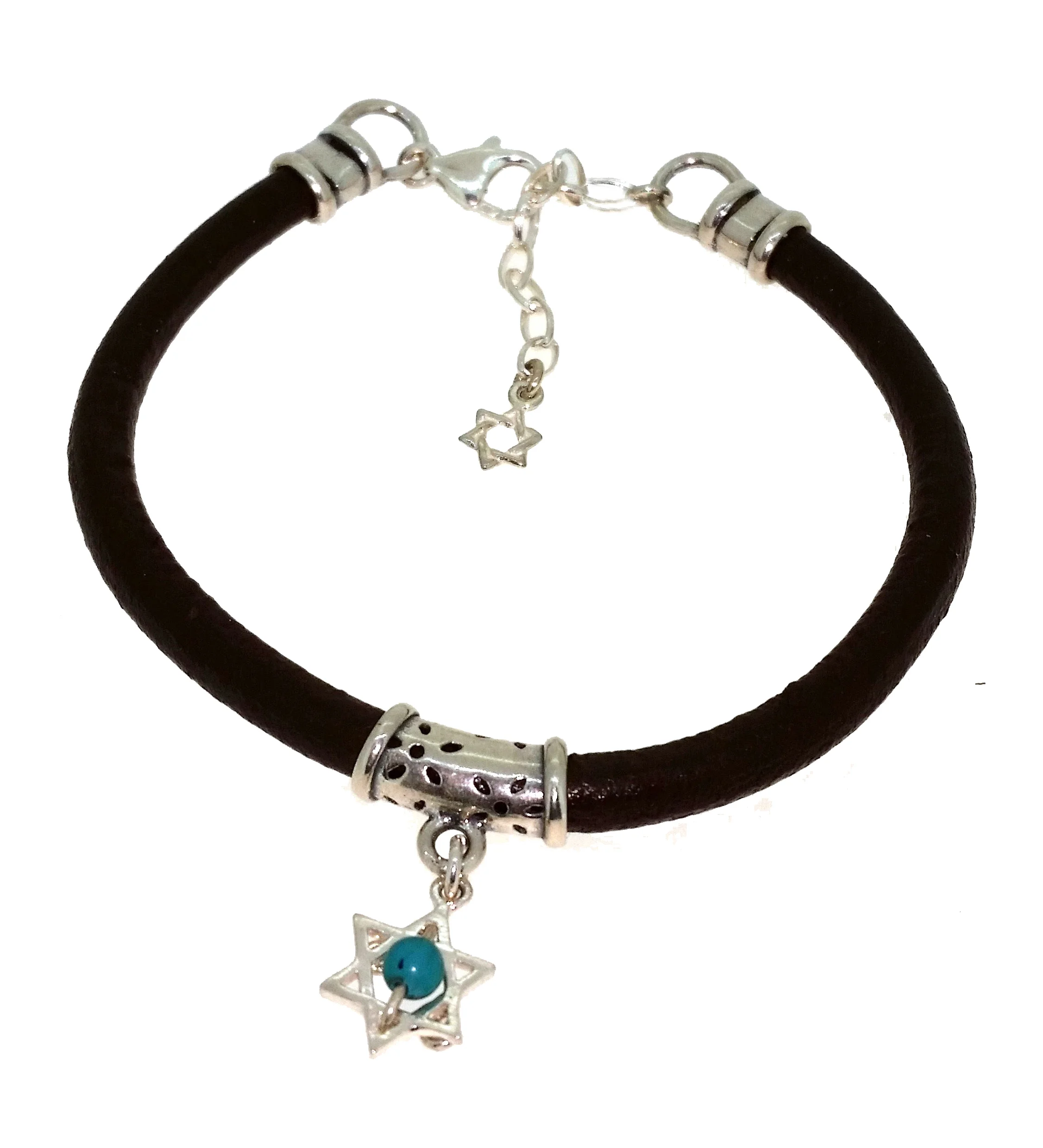 The Star of David Natural Leather, Sterling Silver, and Turquoise Stone hand made bracelet for men
