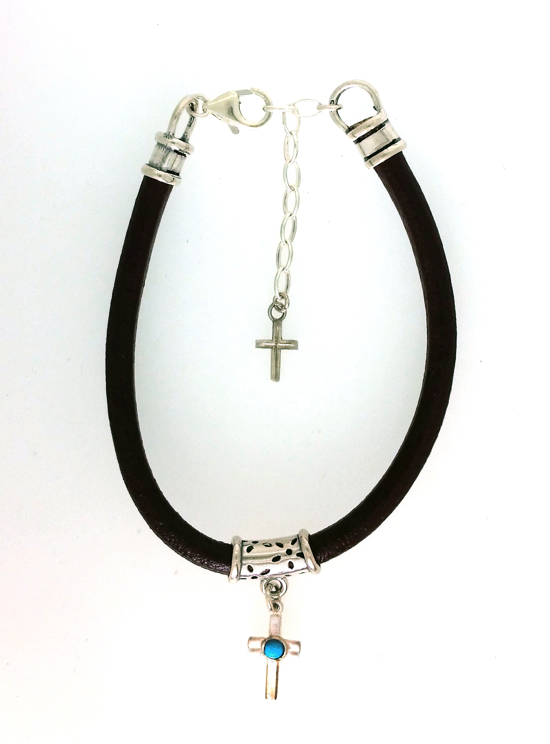 The Cross of Christ Natural Leather, Sterling Silver, and Turquoise Stone hand made bracelet for men