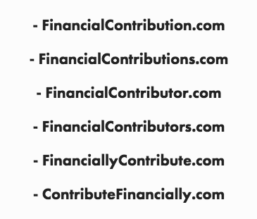 FinancialContribution.com (FC) Portfolio The FinancialContribution.com Portfolio is a group of 6+ finance domain names that create a valuable digital asset and have a combined referral reward of $250k
