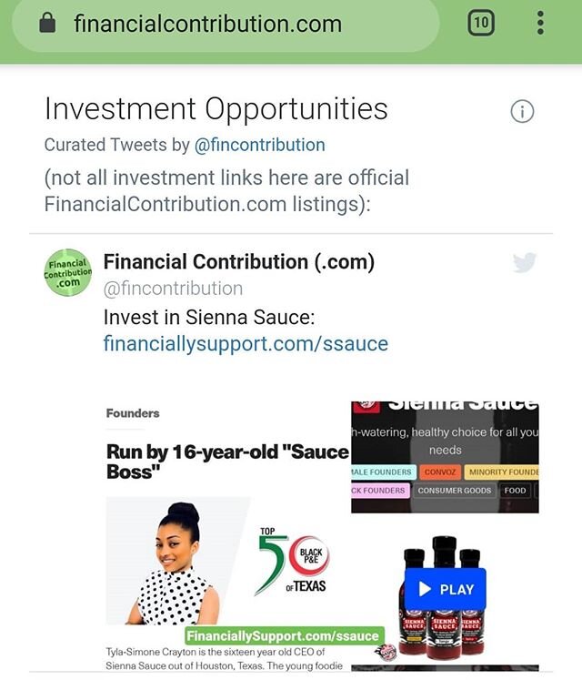 She's got the sauce, consider investing in her company with as little as $50! Discover financial contribution opportunities of all kinds, consult with us, &amp; more on FinancialContribution.com! 💸
.
.
#FinancialContribution #SiennaSuace #HotSauce #