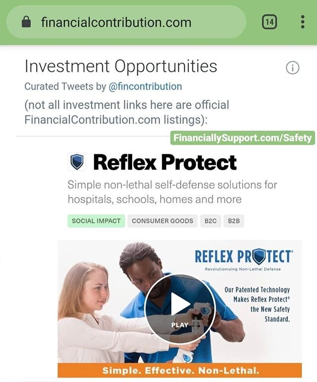 Consider investing in Reflex Protect, they're providing simple non-lethal self-defense solutions for hospitals, schools, homes and more! You can invest with the link FinanciallySupport.com/safety. Discover financial contribution opportunities of all 