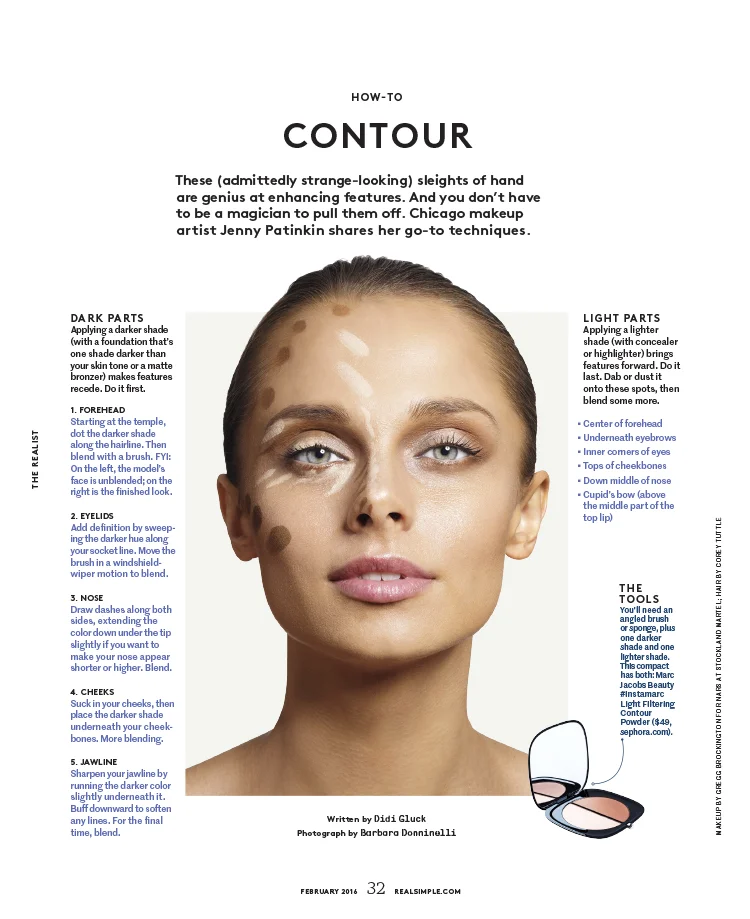 Real Simple magazine's beauty story about makeup contouring