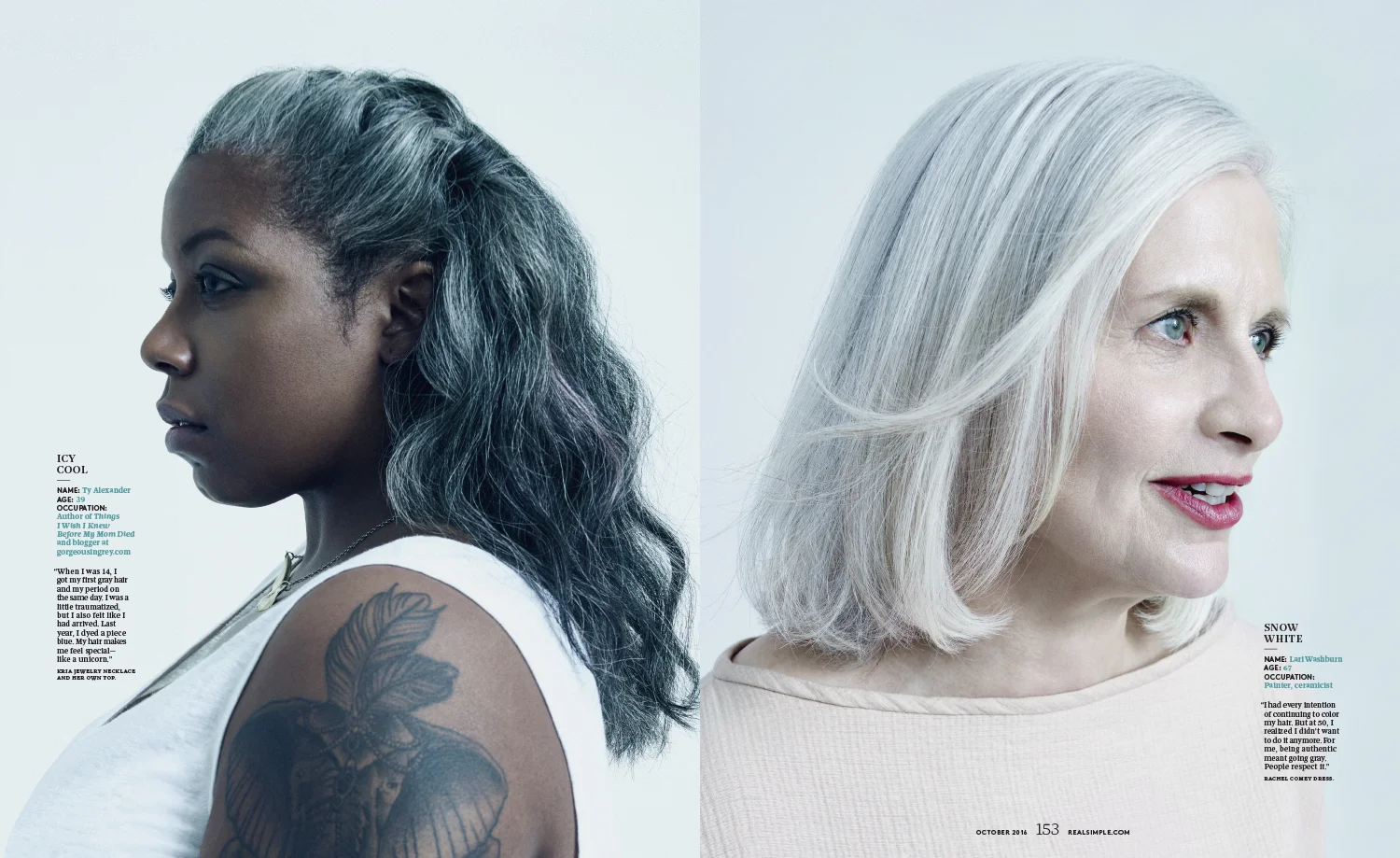 Real Simple magazine's feature story about women and how they style their naturally gray hair