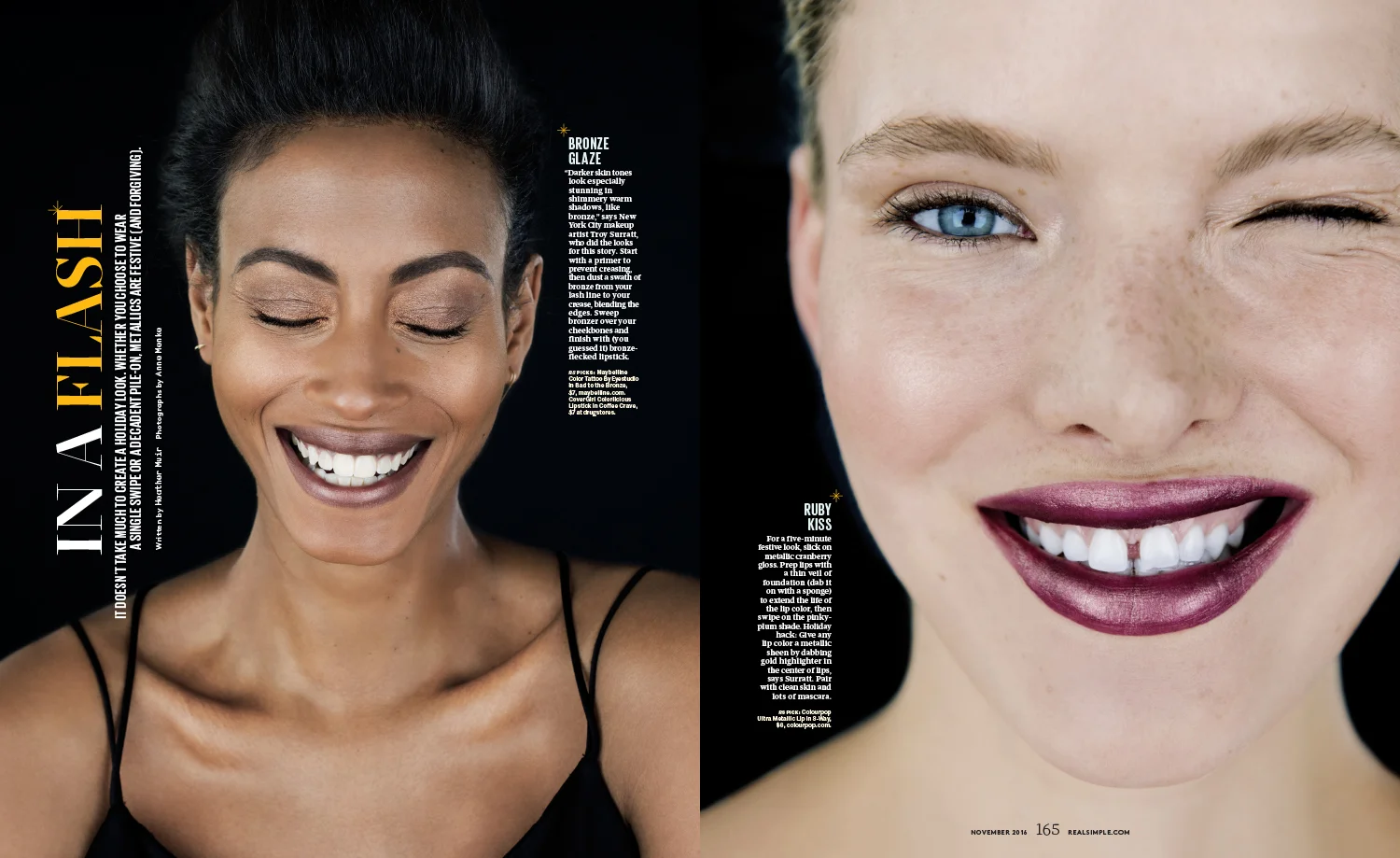 Real Simple magazine feature story about festive holiday metallic makeup