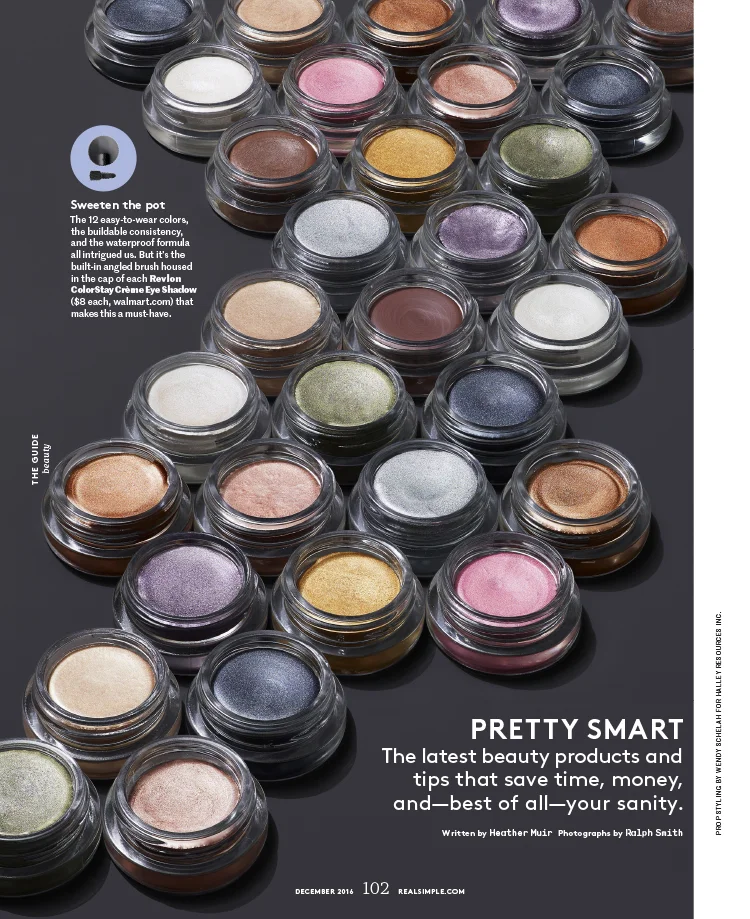 Real Simple magazine's Pretty Smart column opener featuring metallic eye shadow pots
