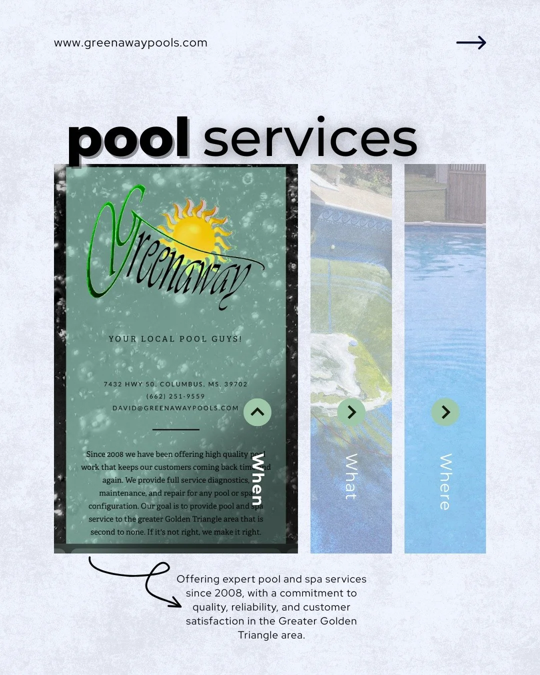 🛠️💦 Full-service pool &amp; spa care in the Golden Triangle &mdash; we make it right, every time.
Call: (662) 251-9559
Visit: www.greenawaypools.com