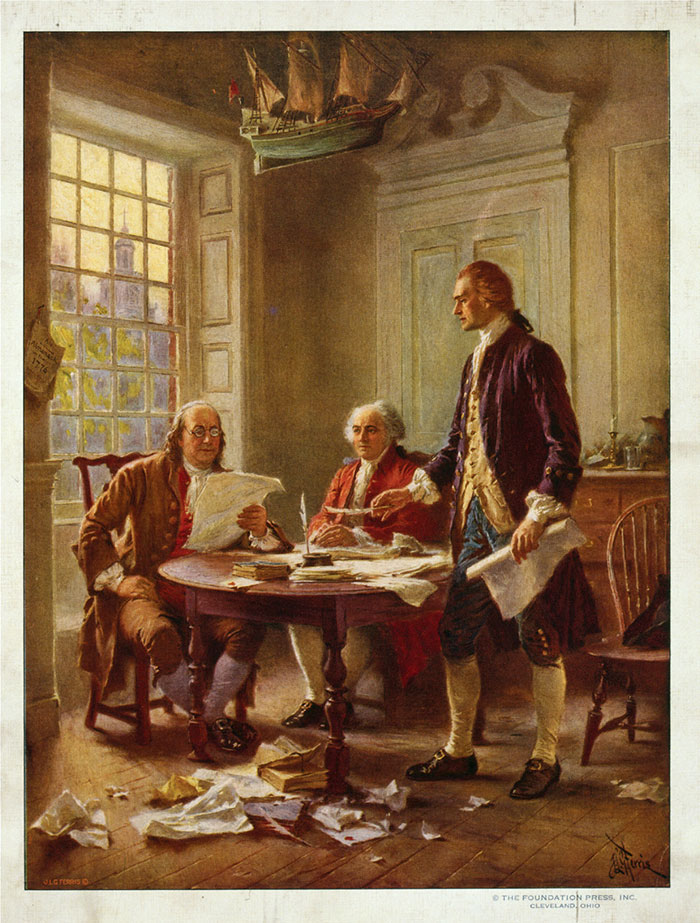 Benjamin Franklin (at left), John Adams and Thomas Jefferson (standing) review a draft of the Declaration of Independence. Jean Leon Gerome Ferris / Library of Congress