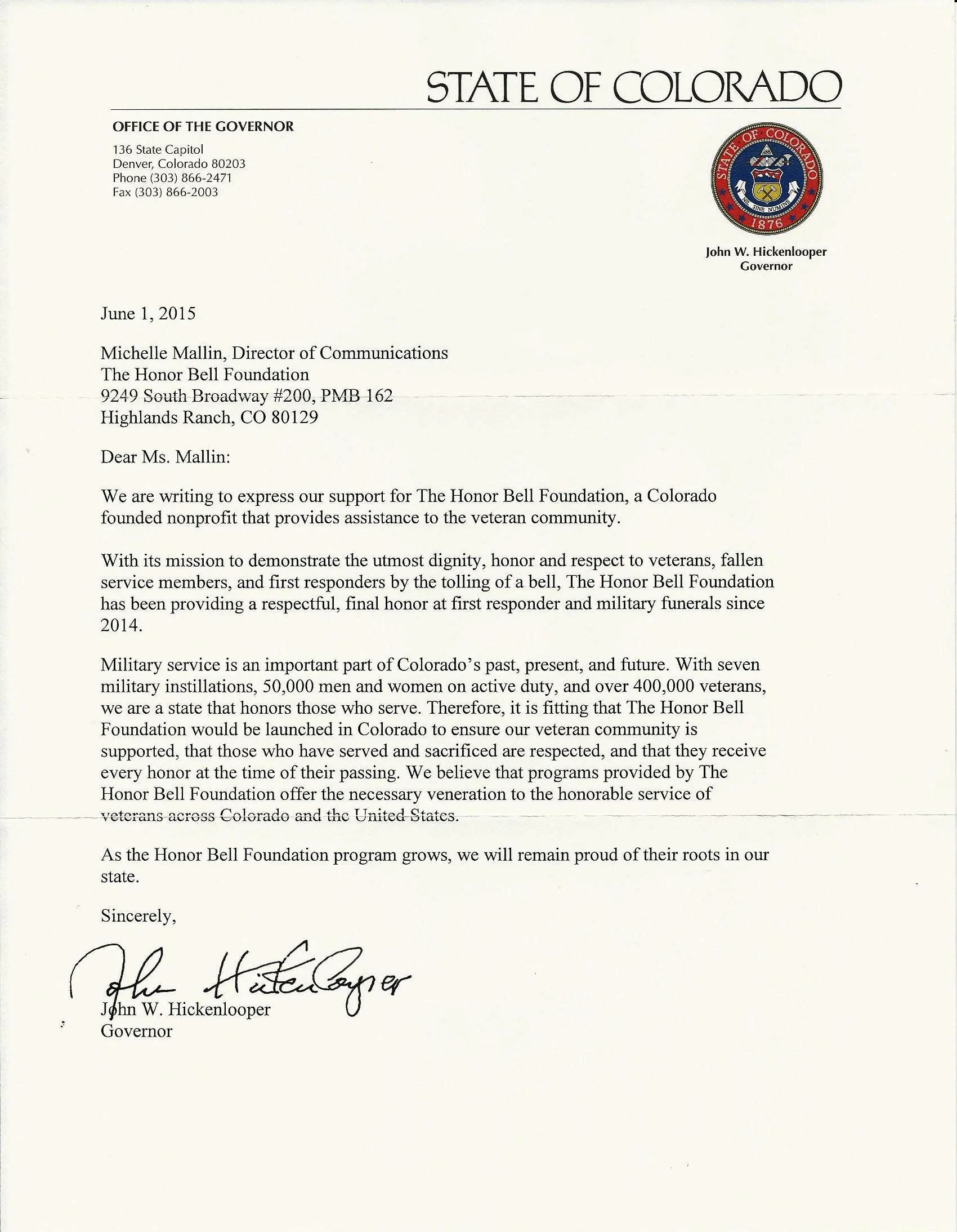 An early endorsement of the Honor Bell’s Mission from the GOvernor of Colorado