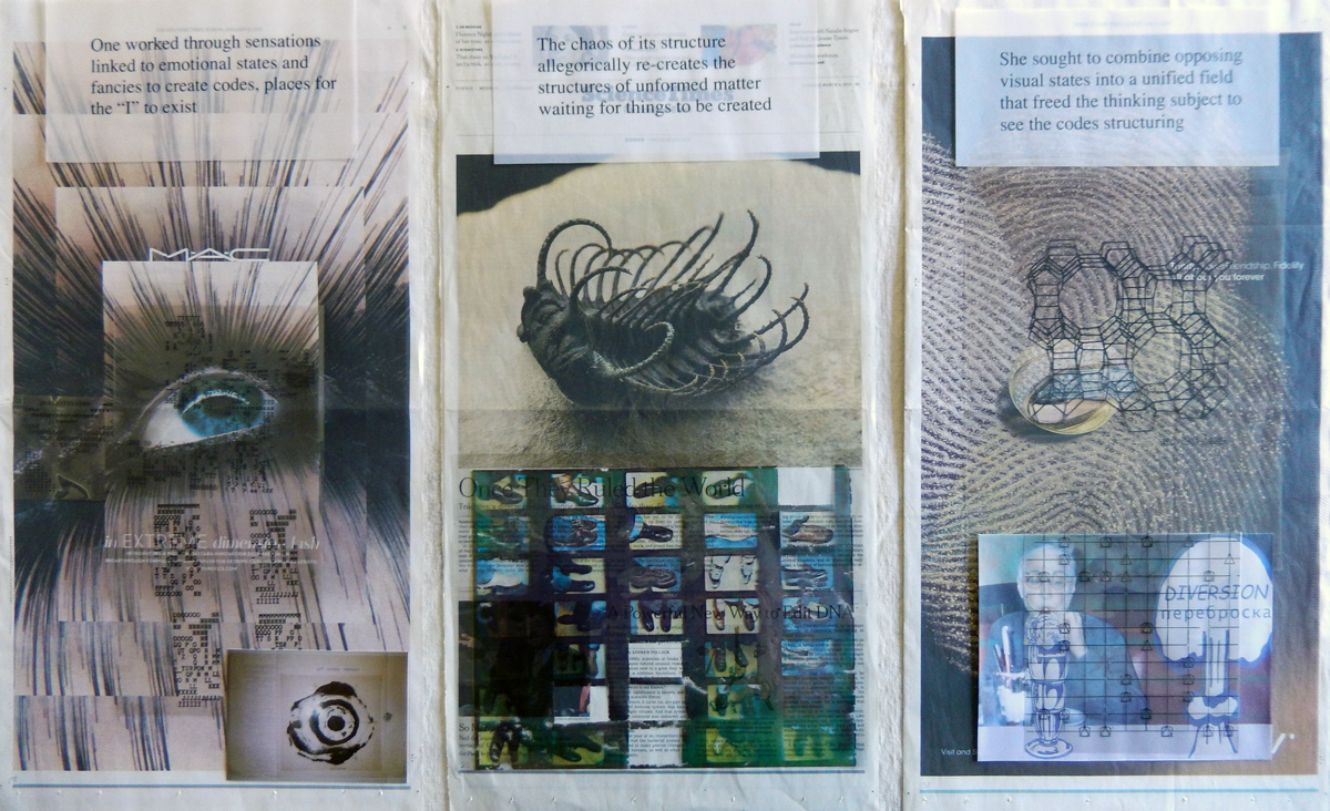 Detail of Sonya Rapoport, Yes or No? . Paper collage on pages of New York Times. 2014-15.