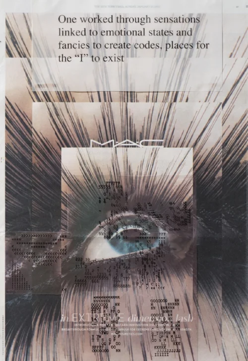 Sonya Rapoport, Yes or No? , panel 19, 2014–15, paper collage on newsprint, dimensions based on size of New York Times page. Collection of Mills College Art Museum, Oakland (artwork © Sonya Rapoport Legacy Trust; photograph by Dana Davis)