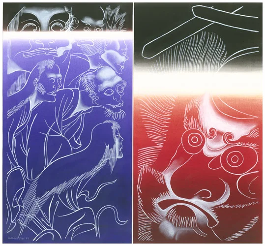 Ed Aulerich-Sugai, Ghosts and Demons: Diptych , 1989, mixed media on paper, 29.5" x 27". Collection of BAMPFA.
