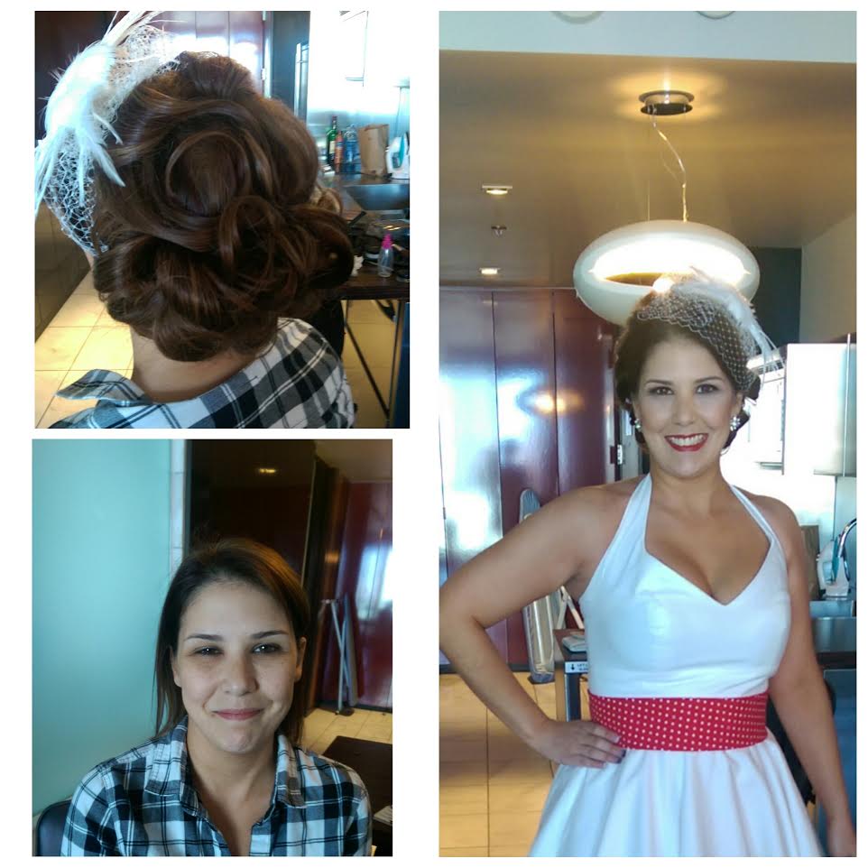 Vintage pin-up hair and makeup with bird cage veil