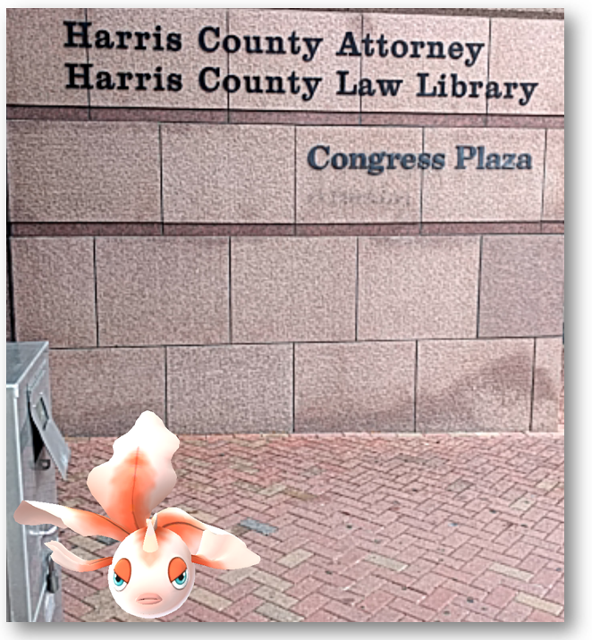 A Goldeen splashing around outside the Harris County Law Library