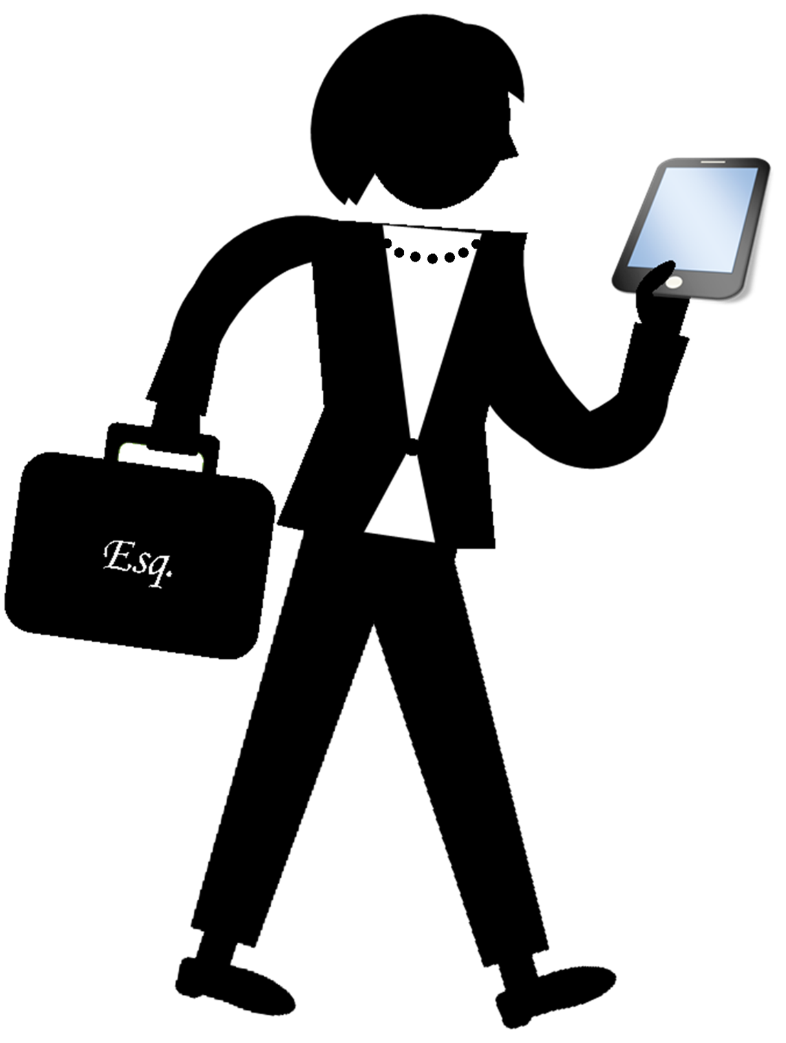 Jane Esq. - Sillhouette image of attorney holding a briefcase in one hand and a tablet in the other.
