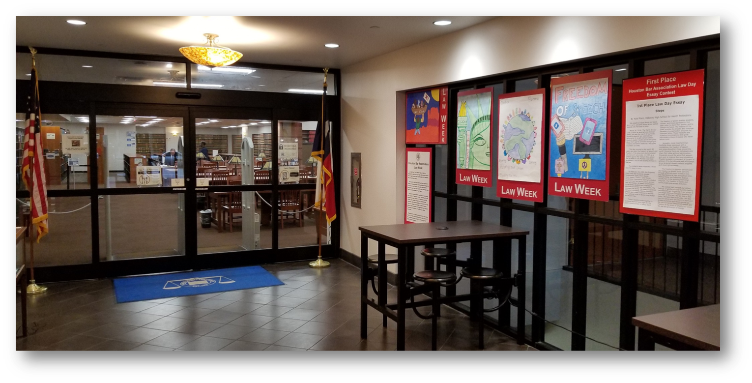 Houston Bar Association Law Week Poster Contest on Display at the entrance of the Harris County Law Library.