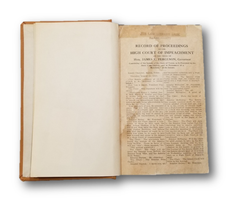 Record of Proceedings of the High Court of Impeachment on the Trial of Hon. James Ferguson, Governor. from the collection of the Harris County Law Library.