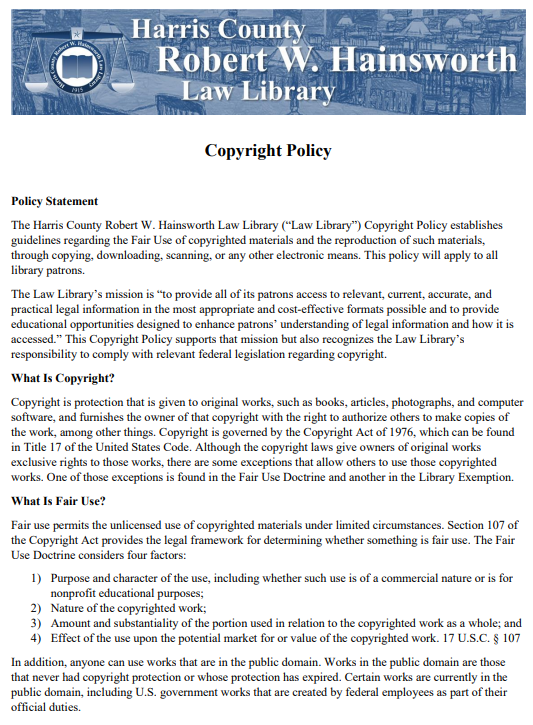 Law Library Rules — Harris County Robert W. Hainsworth Law Library