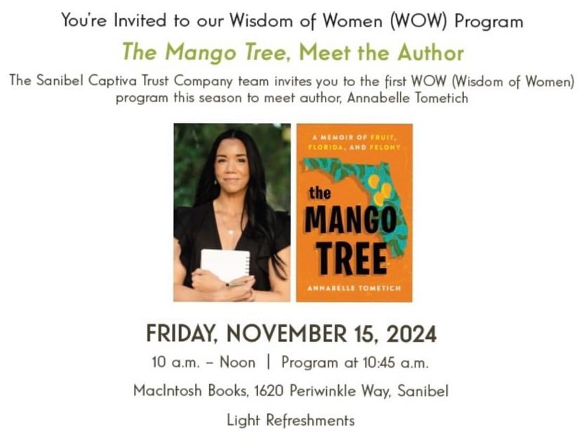 We&rsquo;re thrilled to be hosting The Sanibel Captiva Trust Company&rsquo;s Women of Wisdom Event with Author, Annabelle Tometich and her gorgeous memoir, The Mango Tree.  Please join us from 10-12 this Friday! #sanibel #mangotree #authorsofinstagra