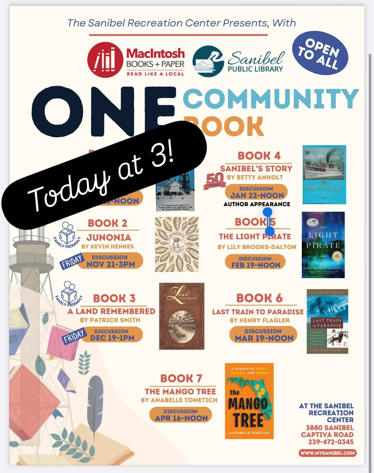 Join us at 3pm today at the Sanibel Rec Center to discuss Kevin Henke&rsquo;s Junonia! Ms. Eden from the Sanibel Library will be leading the discussion with the kiddos and Denise and I will be chatting with the grownups.  This lovely book, set on isl