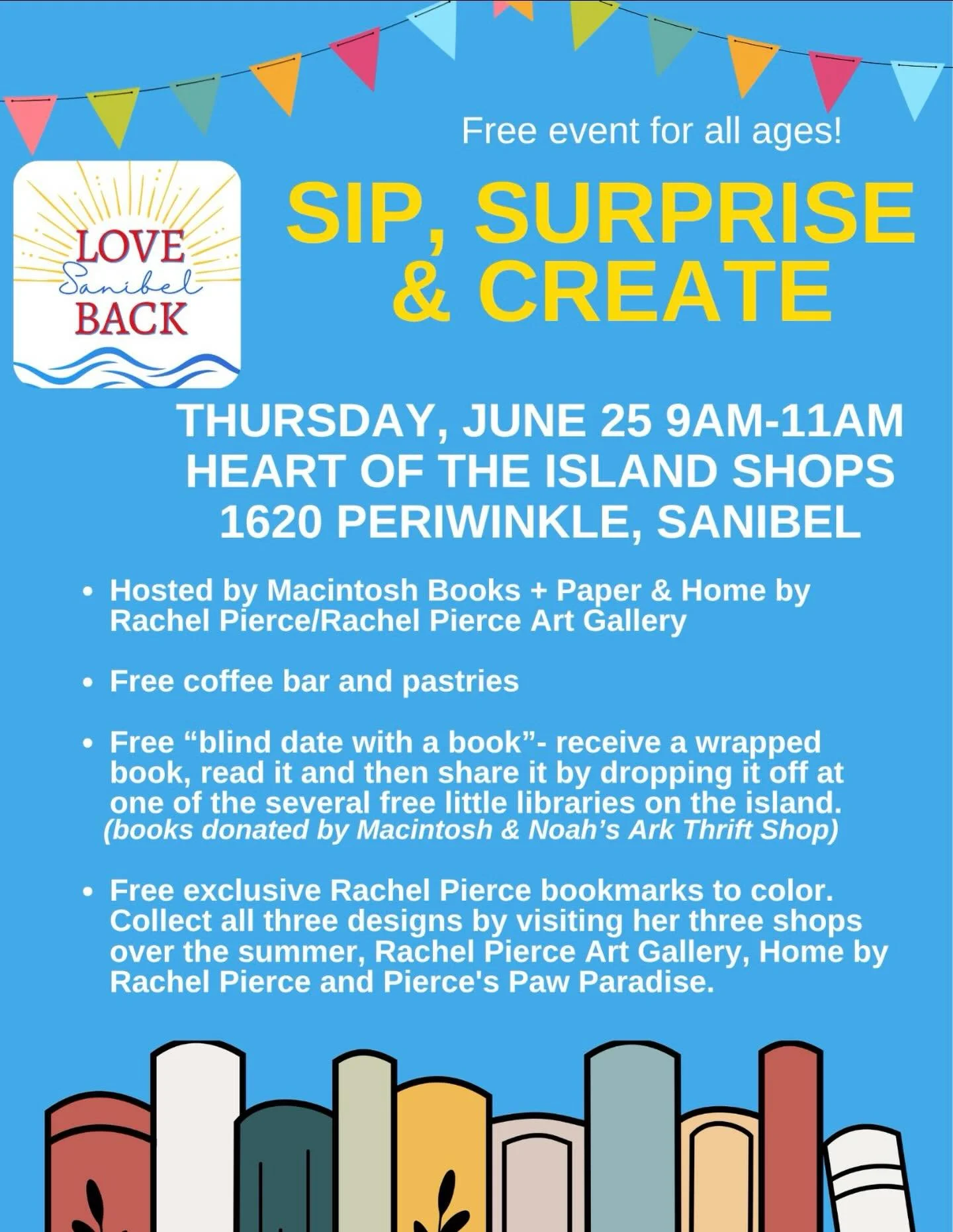 Save the date!  I ❤️ a fun collab and these lovely ladies are the embodiment of community spirit. @by_rachelpierce @saintmichaelssanibel this is going to be a blast!  #sanibelisland #lovesanibelback #books #donuts #bookmarks