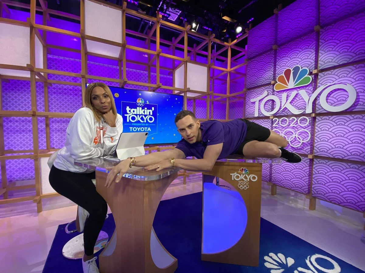 Primate Studio's design for NBC Sports' coverage of the Tokyo Olympics in Studio B features lightboxes and a lattice of wood work and lanterns.
