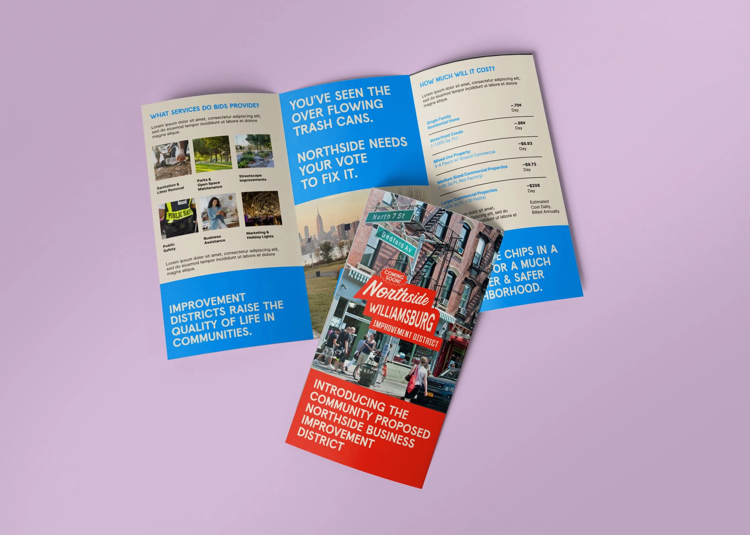 Primate Studio design for the proposed Northside Williamsburg Business Improvement District brochure featuring colors and typography inspired by vintage street and business signage.