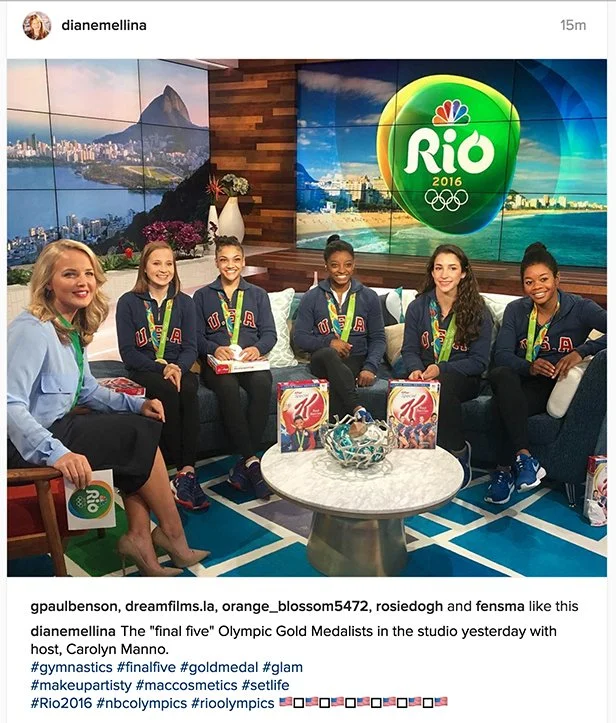 NBC Sports' Studio B at the 2016 Rio Olympics with the Gold Medalists in the studio on the sofa being interviewed by Carolyn Manno