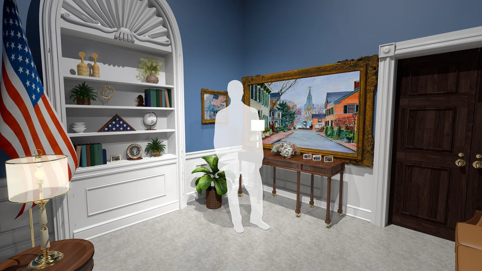 Biden white house Studio 46B Rendered View showing Stand-Up at "Artwork" hidden monitor designed by Primate Studio.