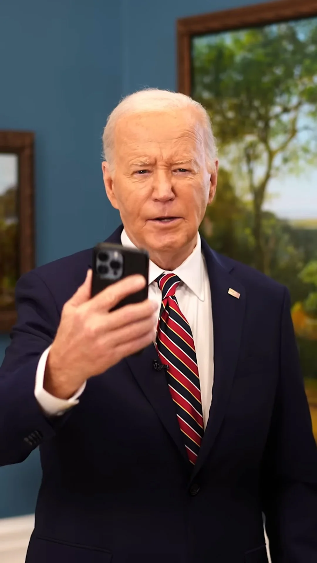 President Joe biden in Studio 46B, the studio designed by Primate Studio for the Biden campaign headquarters. This image shows a vertical framing for social media.