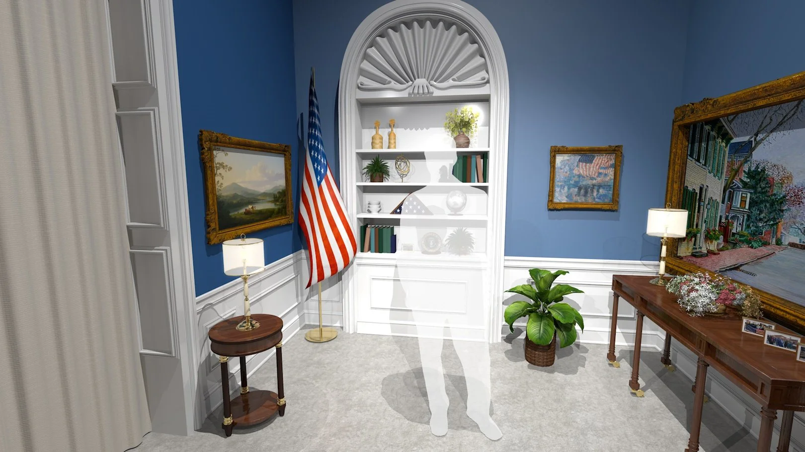 Biden White House rendered view of studio 46B showing stand-up at mobile bookcase designed by Primate Studio.