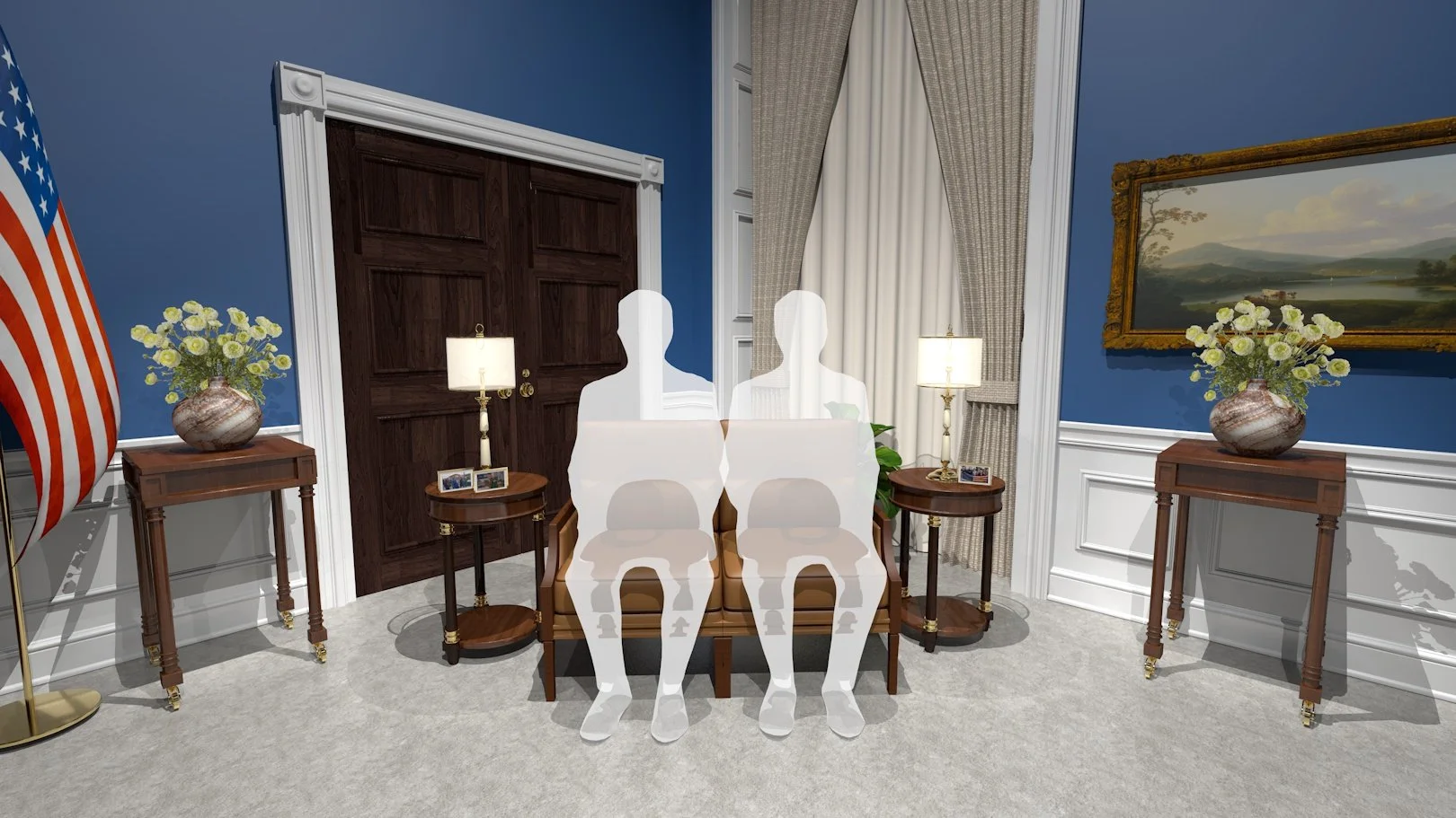 Rendered view of Studio 46B at the Biden white house, showing a design by Primate Studio, of the soft interview set-up.
